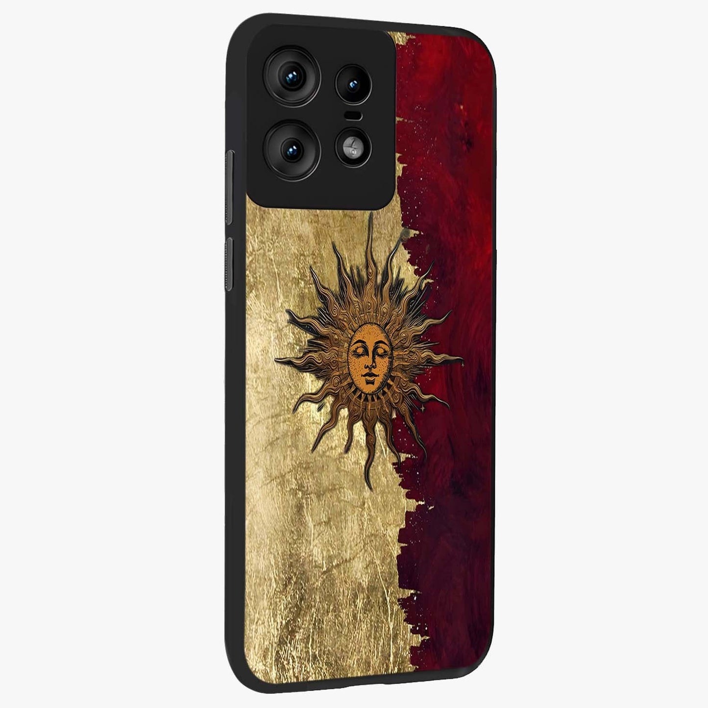 Crimson Sun Majesty Glass Case upright view showcasing vibrant sun artwork with powerful celestial theme.
