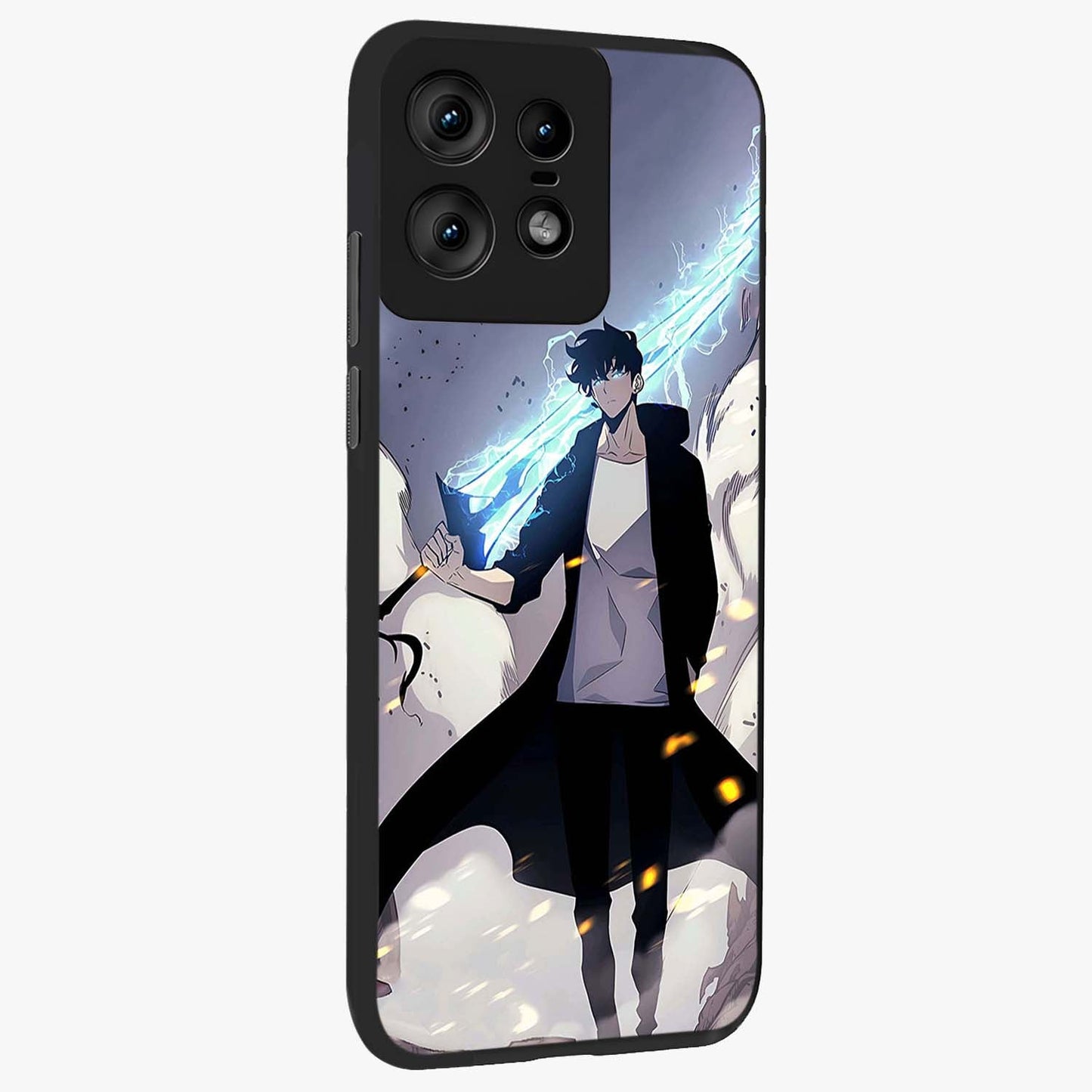 Dark Lightning Anime Warrior Glass Case upright view showcasing dramatic warrior artwork with dark lightning aesthetic.