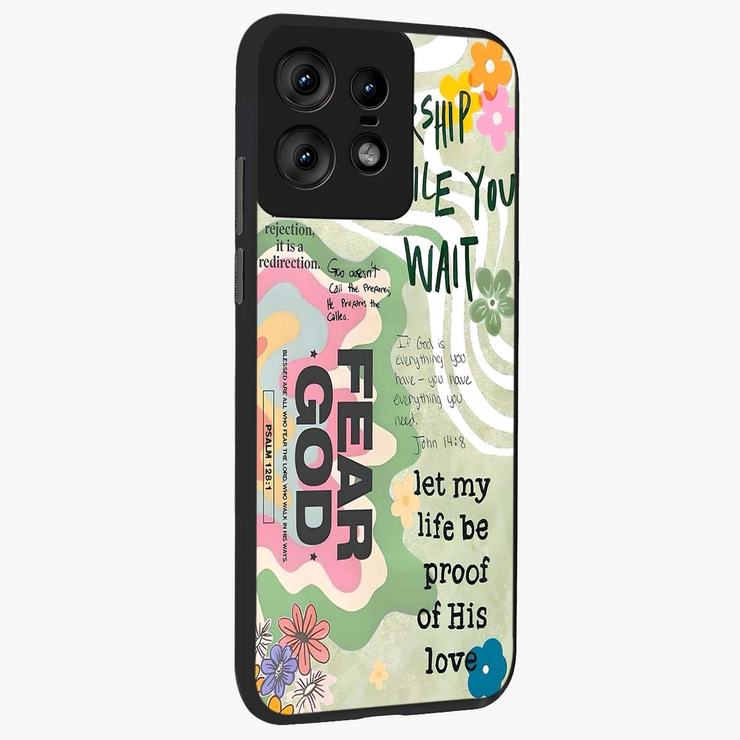 Faith Over Fear Glass Case upright view showcasing bold typography artwork with uplifting motivational theme.