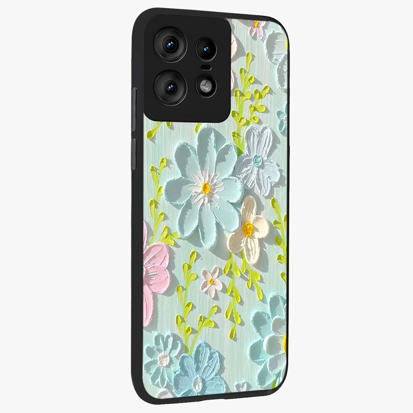 Frosted Petal Garden Glass Case upright view showcasing elegant floral garden artwork with soothing pastel theme.