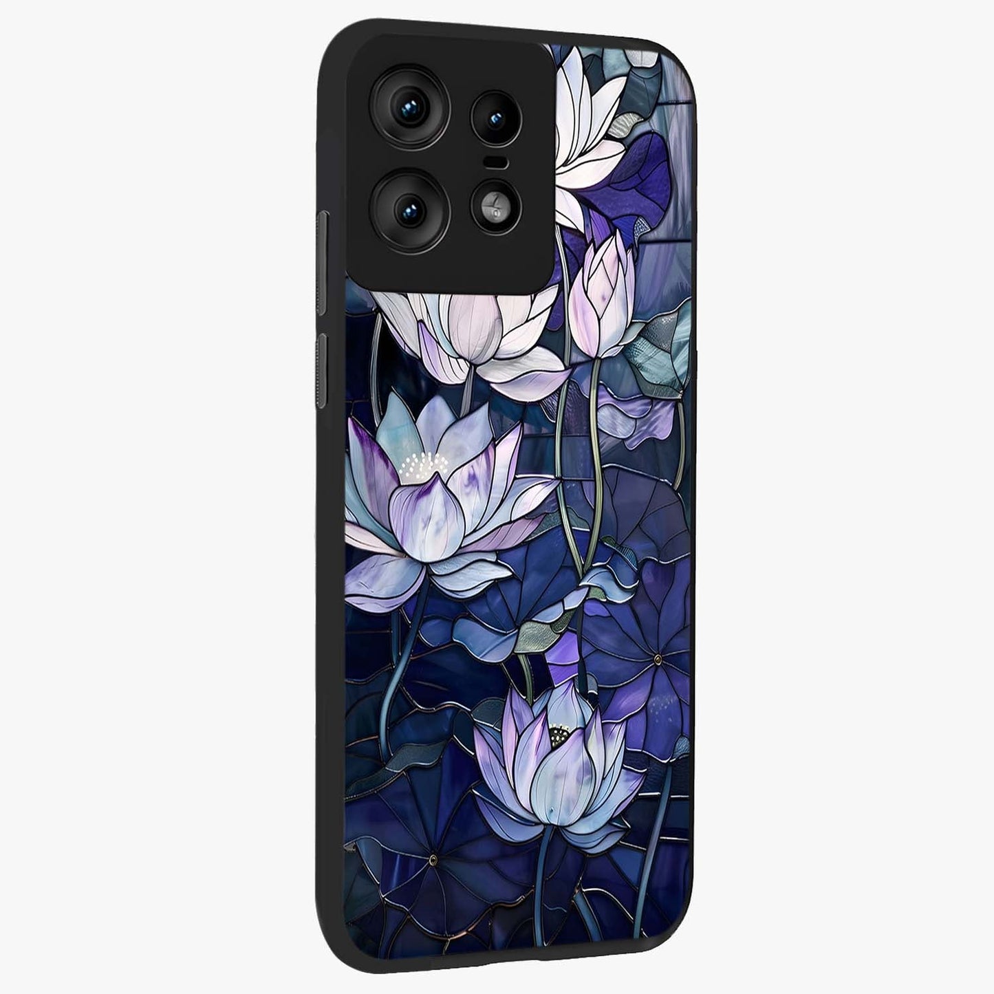 Gloss Petal Rush Glass Case upright view showcasing dynamic floral petal artwork with modern botanical theme.