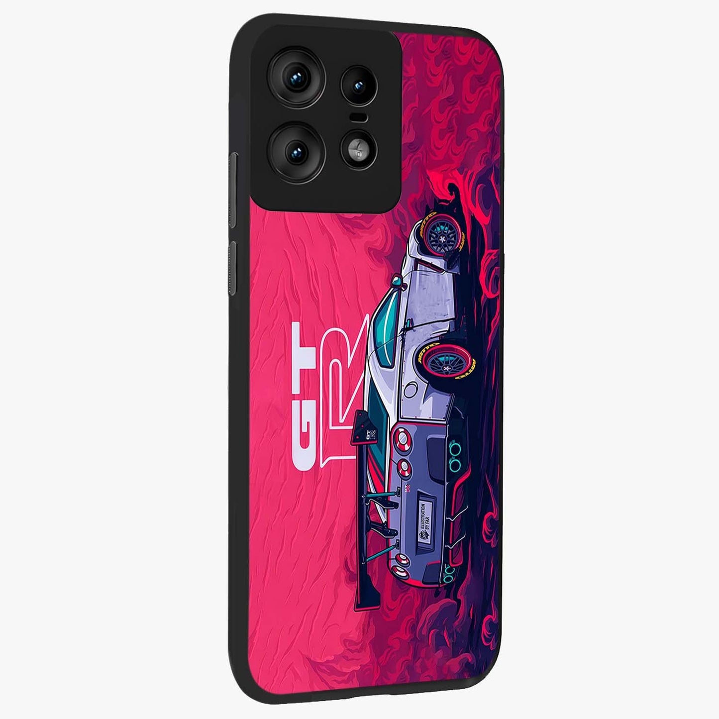 GT-R Car Pattern Glass Case upright view showcasing dynamic car pattern artwork with modern sports theme.