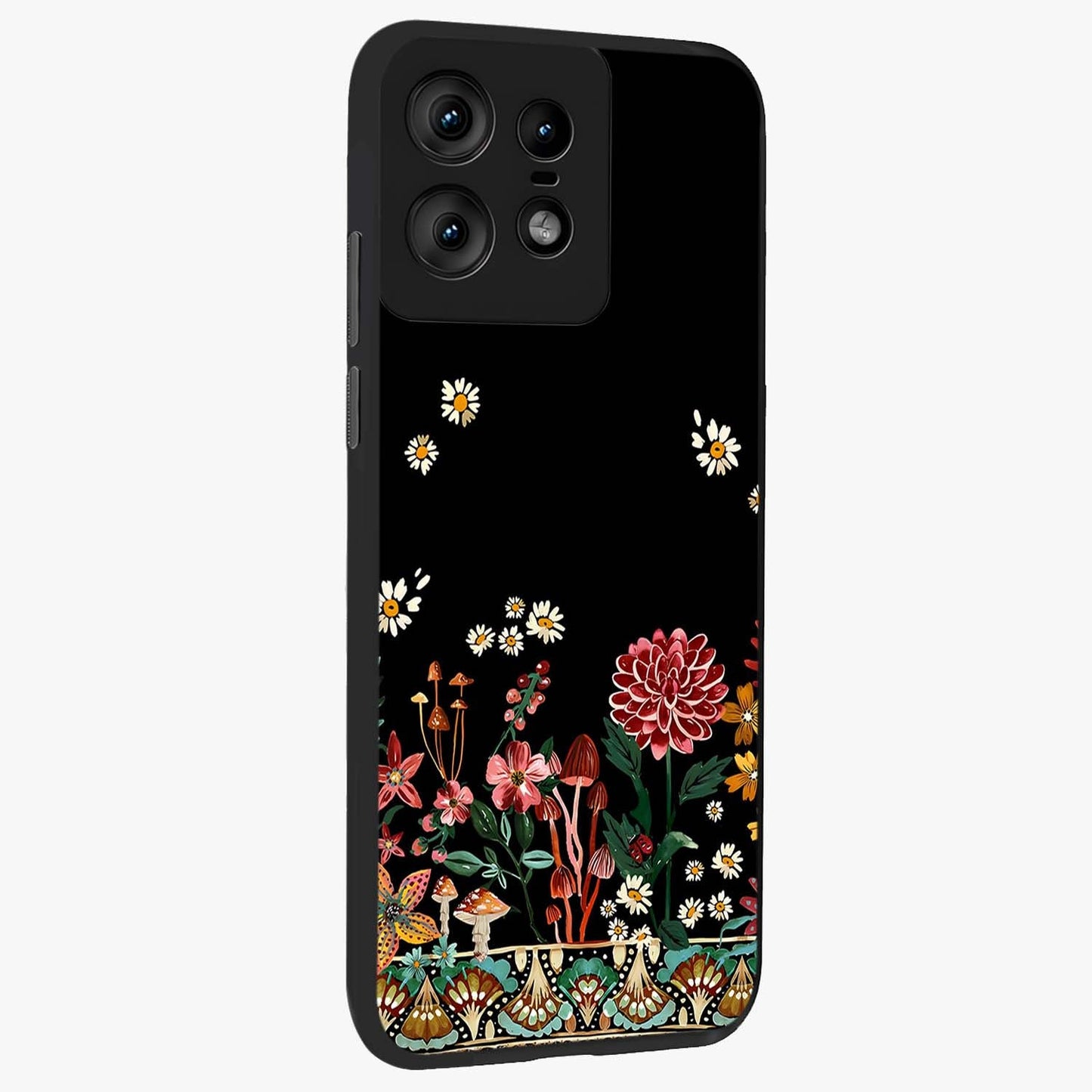 Midnight Bloom Pattern Glass Case upright view showcasing decorative floral artwork with deep night themed palette.