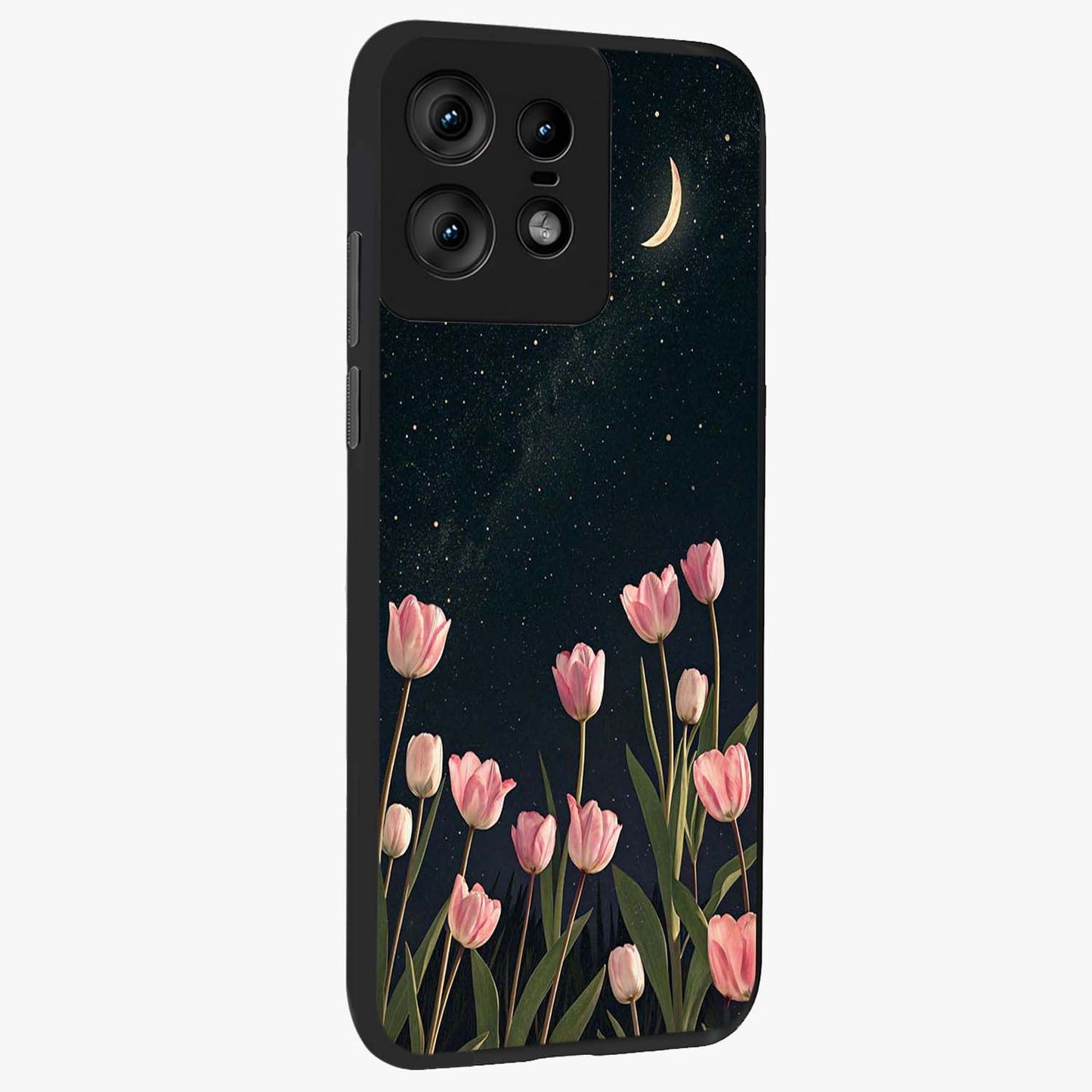 Midnight Tulip Whispers Vibe Glass Case upright view showcasing graceful tulip artwork with calm botanical theme.