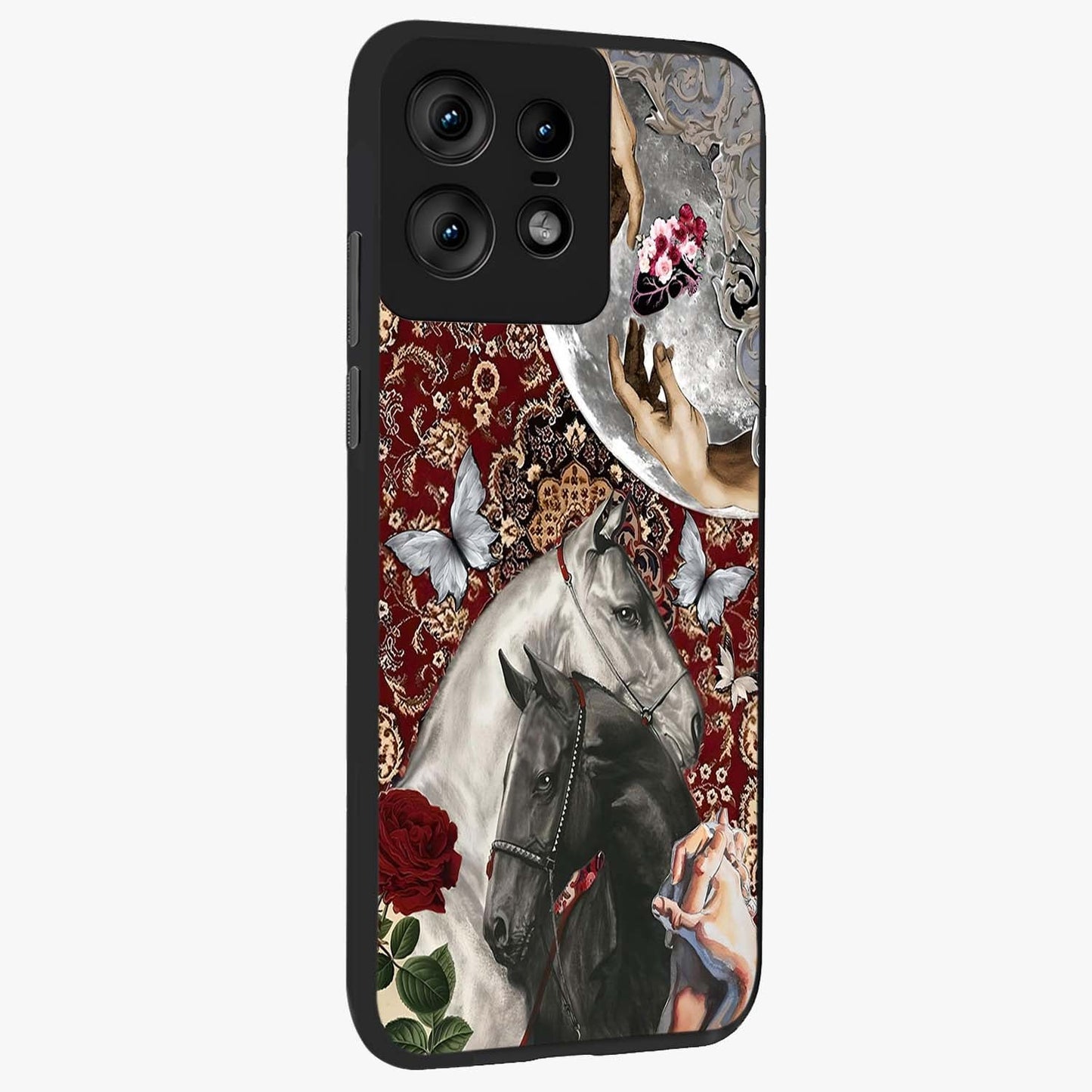 Moonlit Royal Stallion Glass Case upright view showcasing dramatic horse artwork with glowing moon themed design.