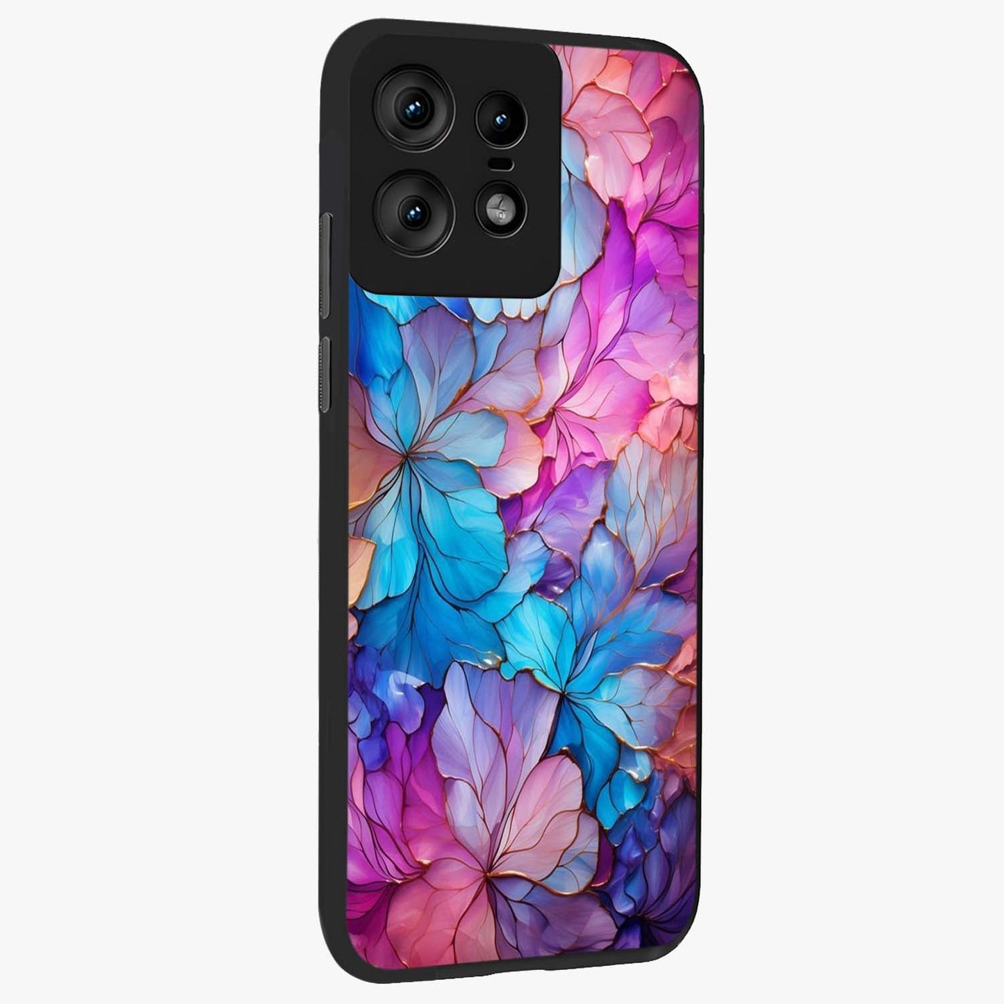 Radiant Floral Whirl Glass Case upright view showcasing lively floral artwork with decorative swirl theme.