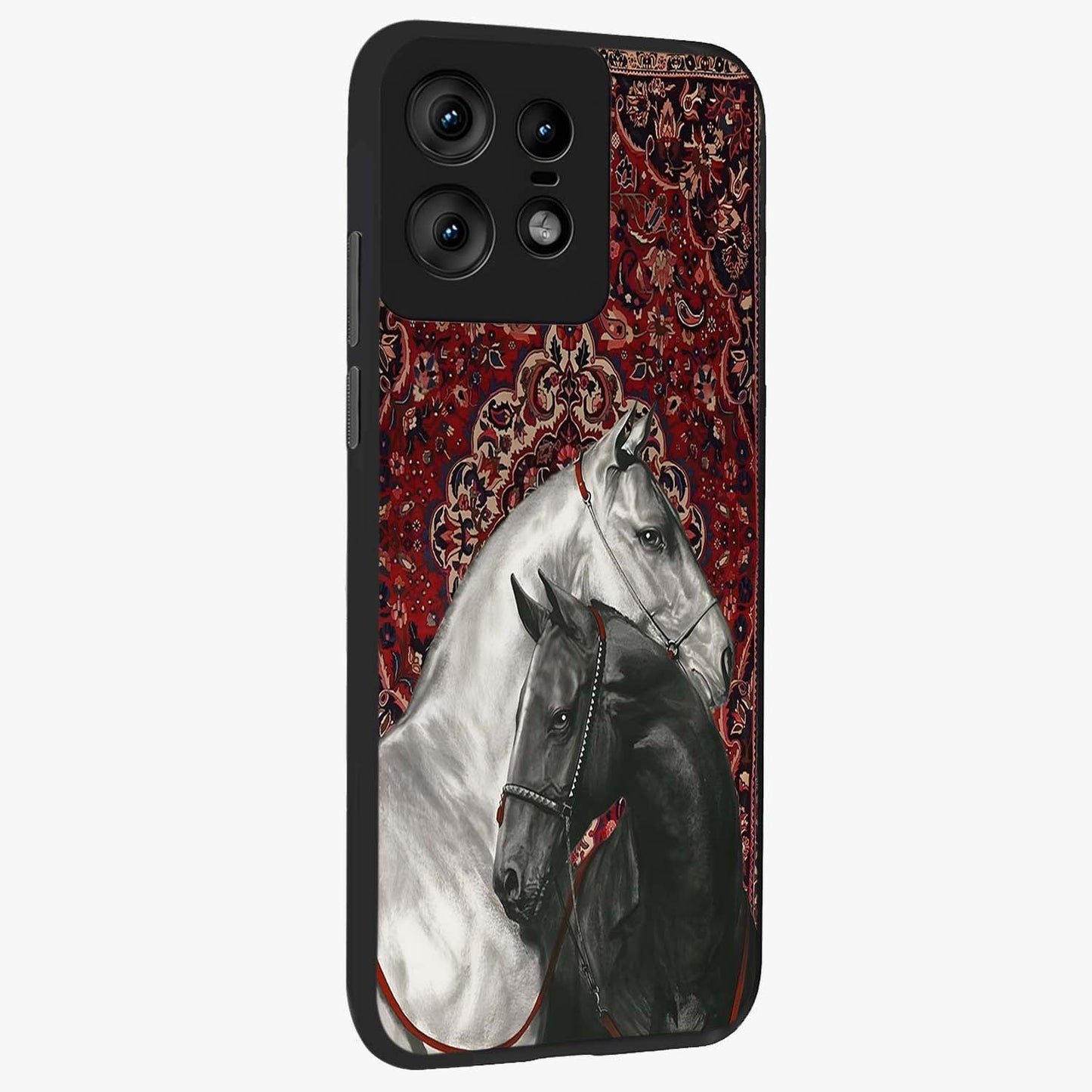 Regal Stallion Tapestry Glass Case upright view showcasing powerful horse artwork with elegant tapestry theme.