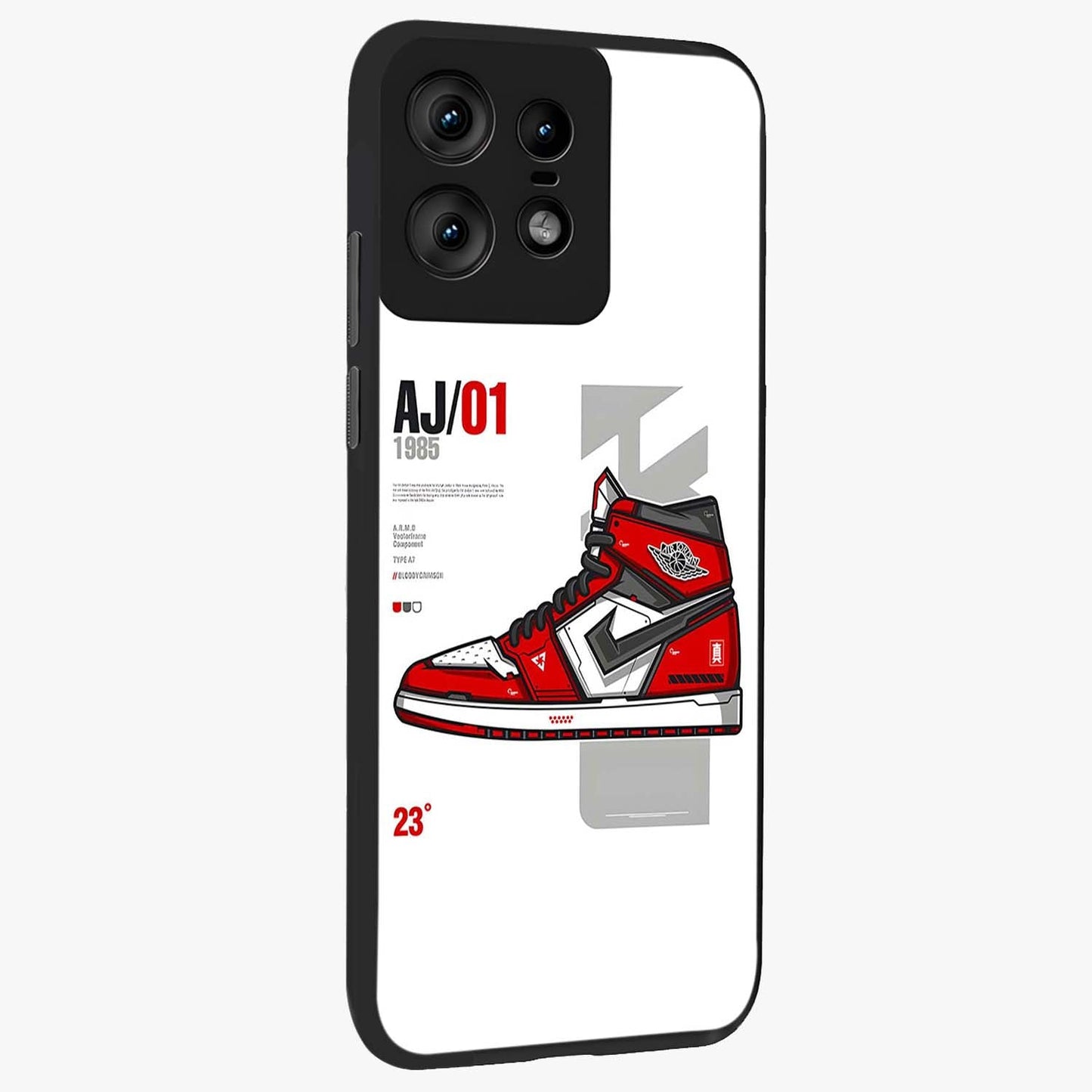 Retro Sneaker Blueprint Glass Case upright view showcasing stylish sneaker illustration with vintage streetwear theme.