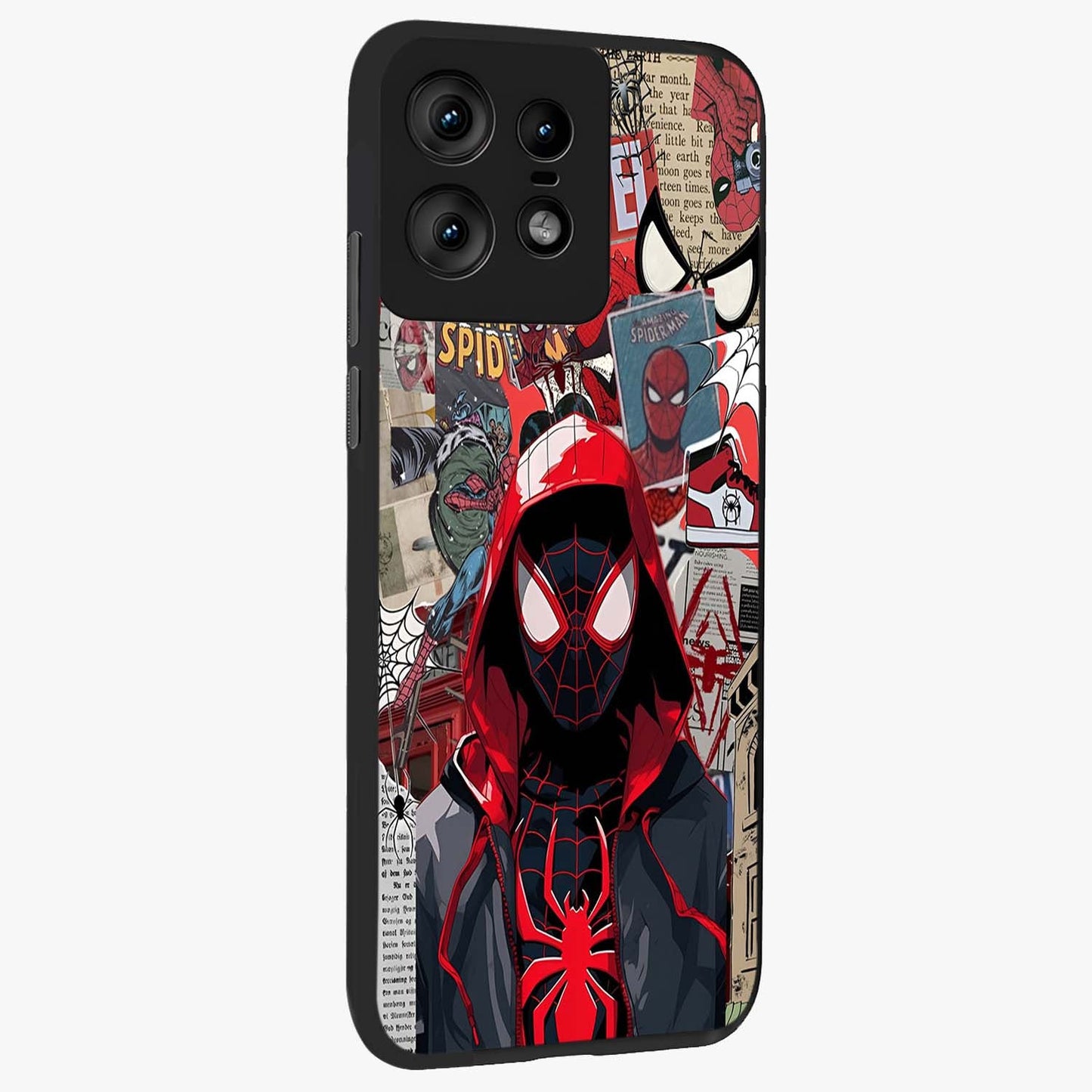 Spider Collage Street Glass Case upright view showcasing bold superhero artwork with urban street theme.