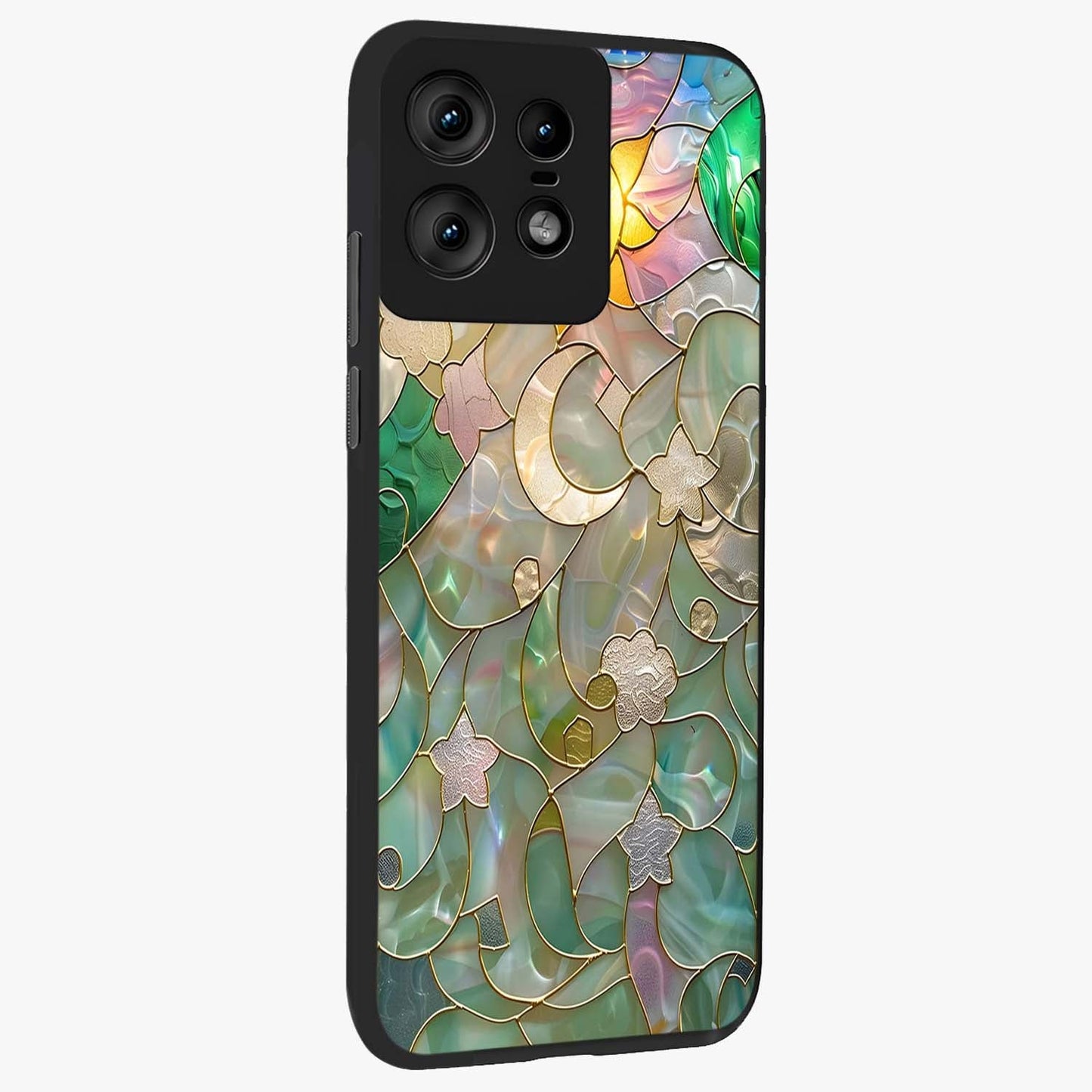 Stained Sunrise Glow Glass Case upright view showcasing colorful sunrise artwork with warm morning theme.