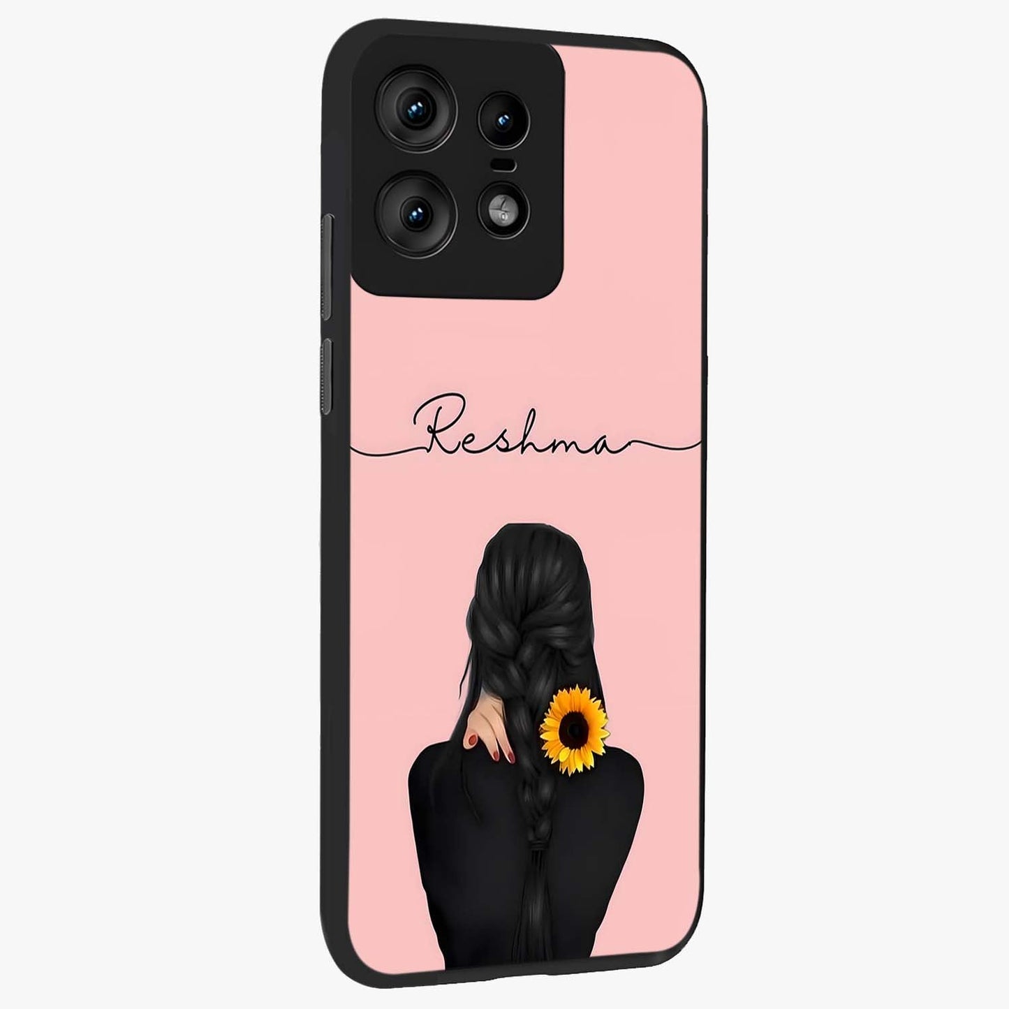 Sunflower Braid Beauty With Custom Name Glass Case upright view showcasing bright sunflower artwork with personalized floral aesthetic.