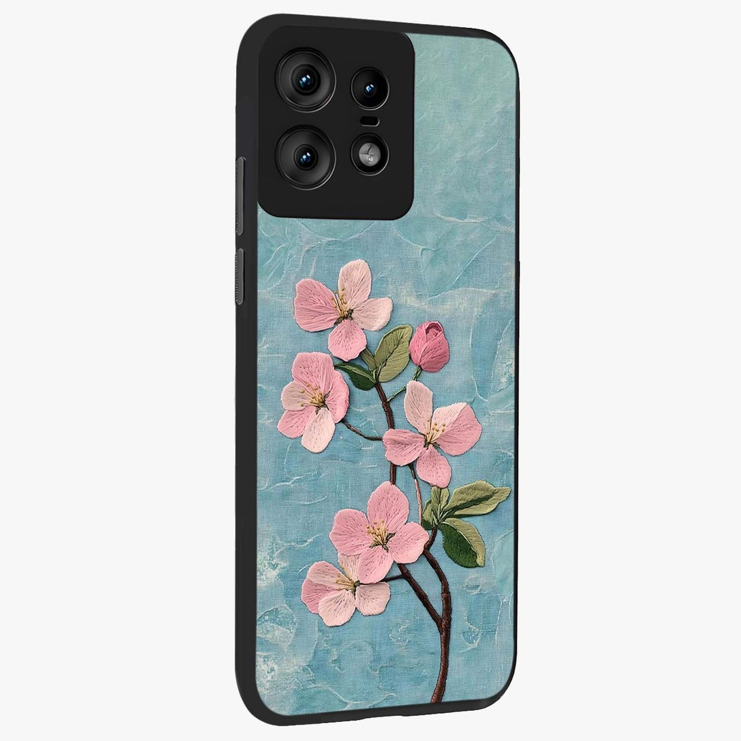 Threaded Blossom Breeze Glass Case upright view showcasing graceful flower artwork with calm botanical theme.