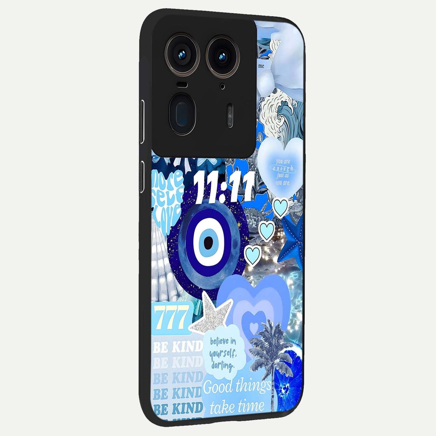 Aesthetic Be Kind Eye Glass Case upright view showcasing stylish eye illustration with positive message theme.