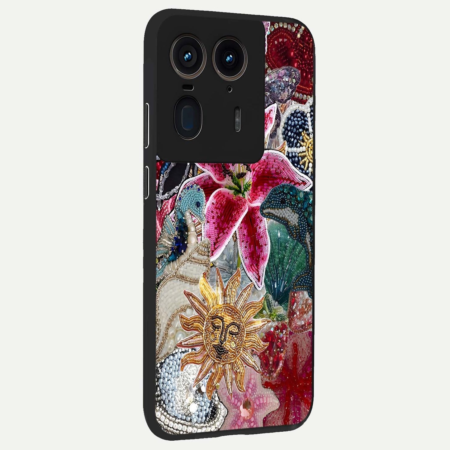 Beaded Garden Fantasy Glass Case upright view showcasing whimsical garden aesthetic with artistic bead details.