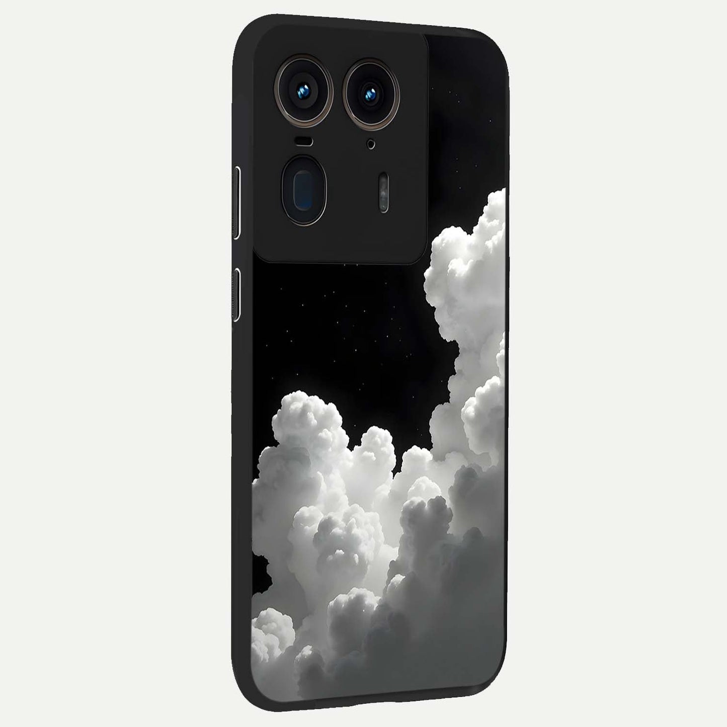 Black Background With White Cloud Glass Case upright view showcasing calm cloud aesthetic with modern minimal style.