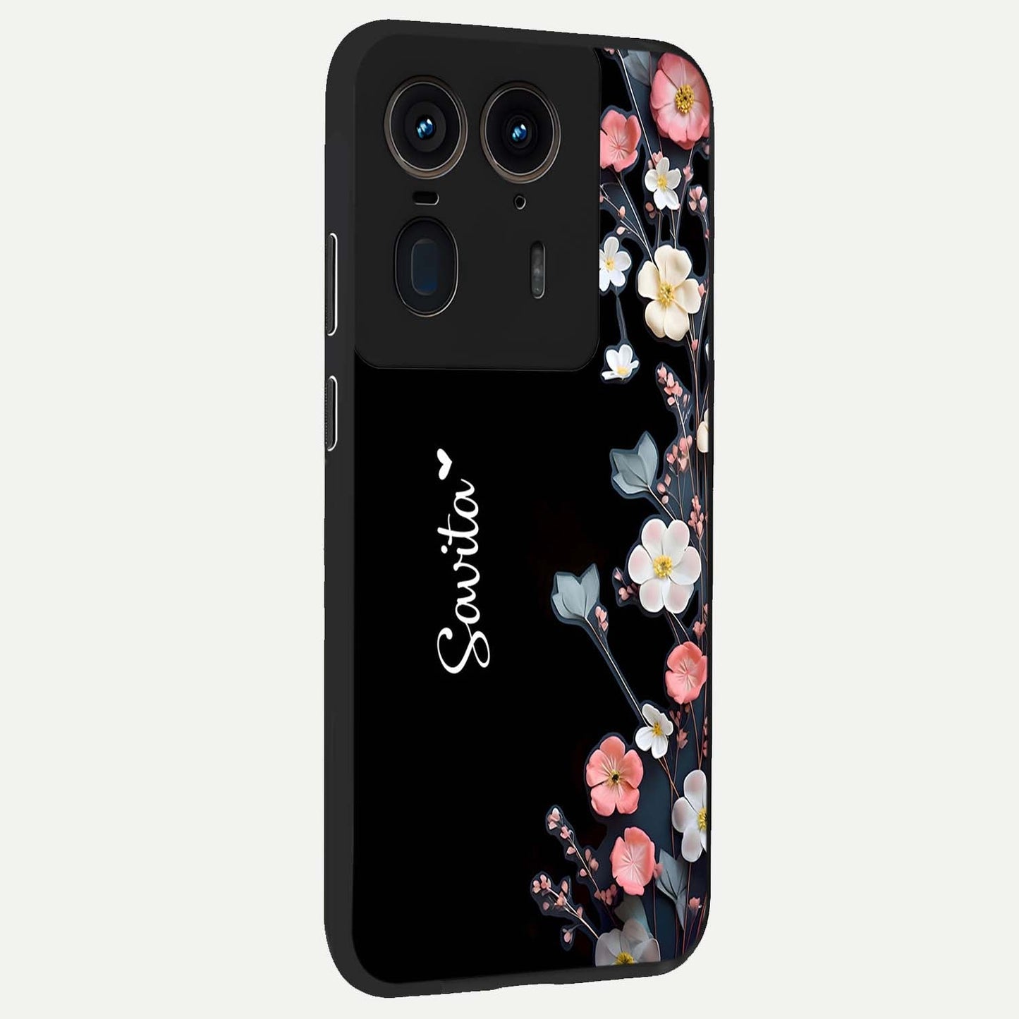 Black Elegance Floral Custom Name Glass Case upright view showcasing luxurious black floral design with personalized name detail.