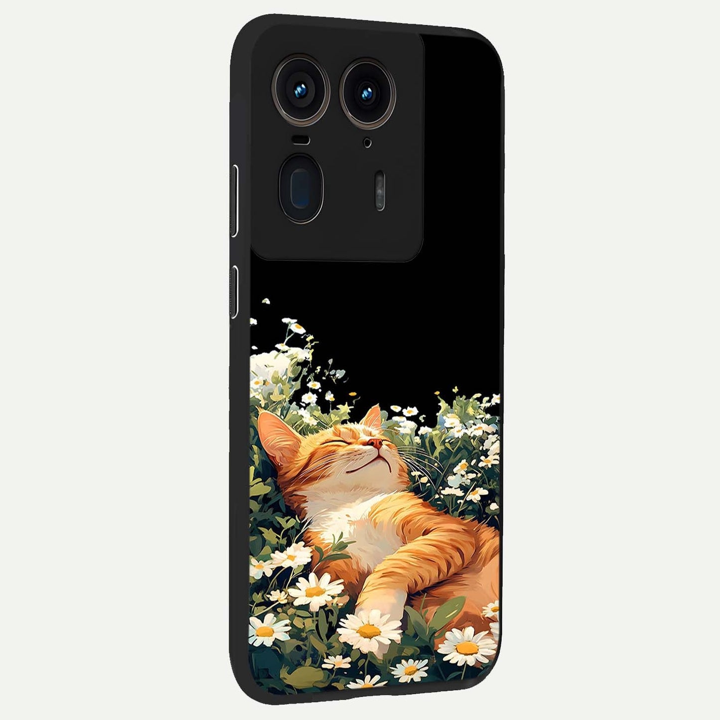 Blissful Bloom Cat Glass Case upright view showcasing charming cat design surrounded by blooming floral elements.