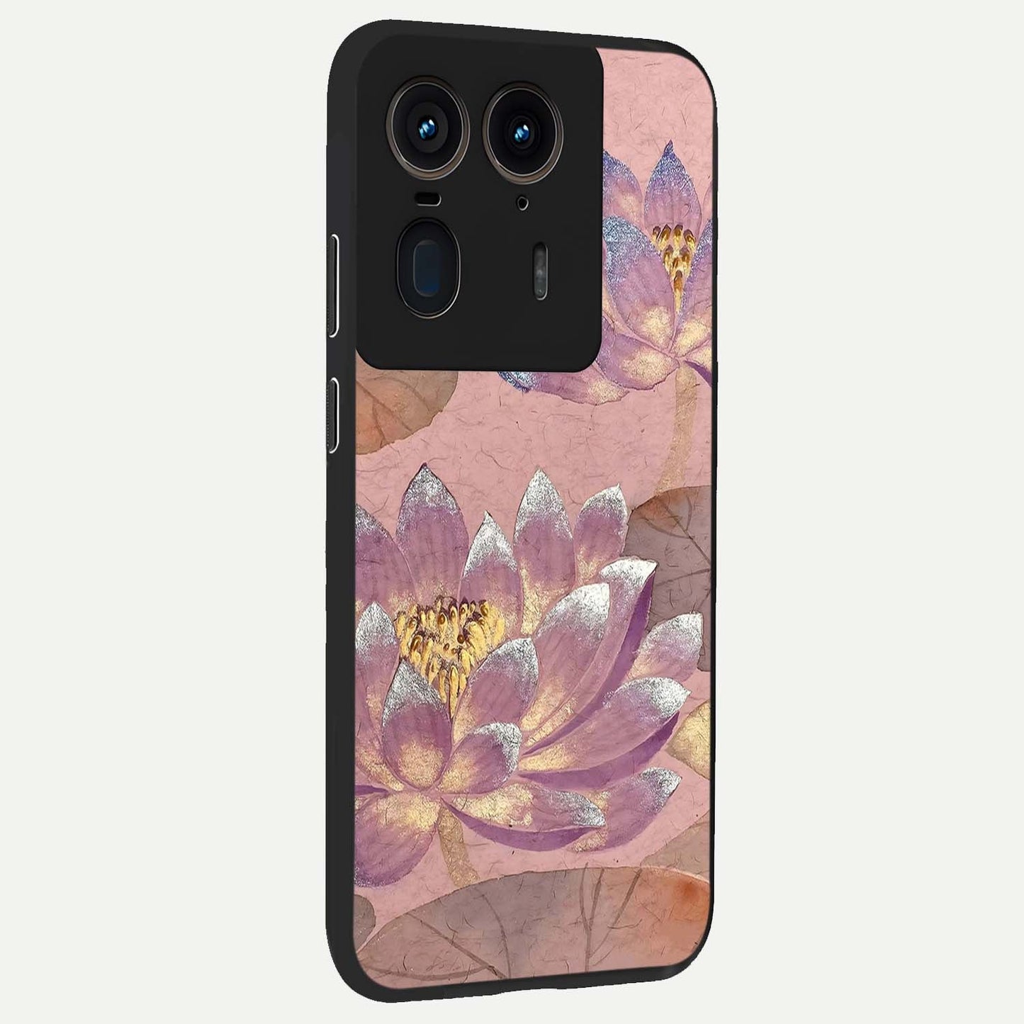Blossom Mist Lotus Glass Case upright view showcasing graceful lotus flower design with peaceful botanical style.