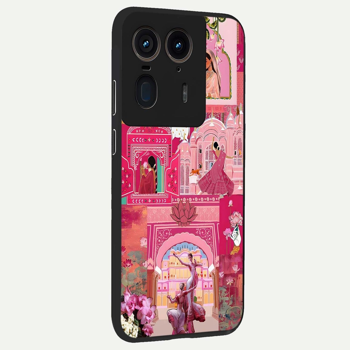 Blossoms of Rajasthan Glass Case upright view showcasing colorful floral design inspired by traditional Indian art.