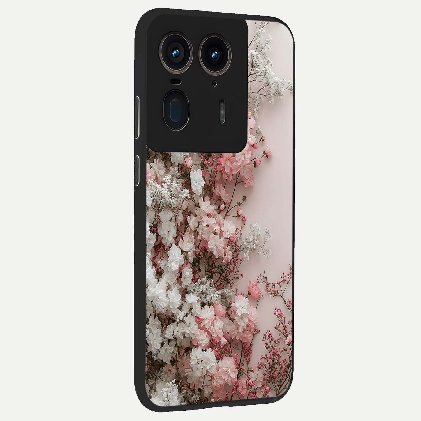Blush Blossom Cloud Glass Case upright view showcasing calm floral cloud artwork with gentle dreamy theme.