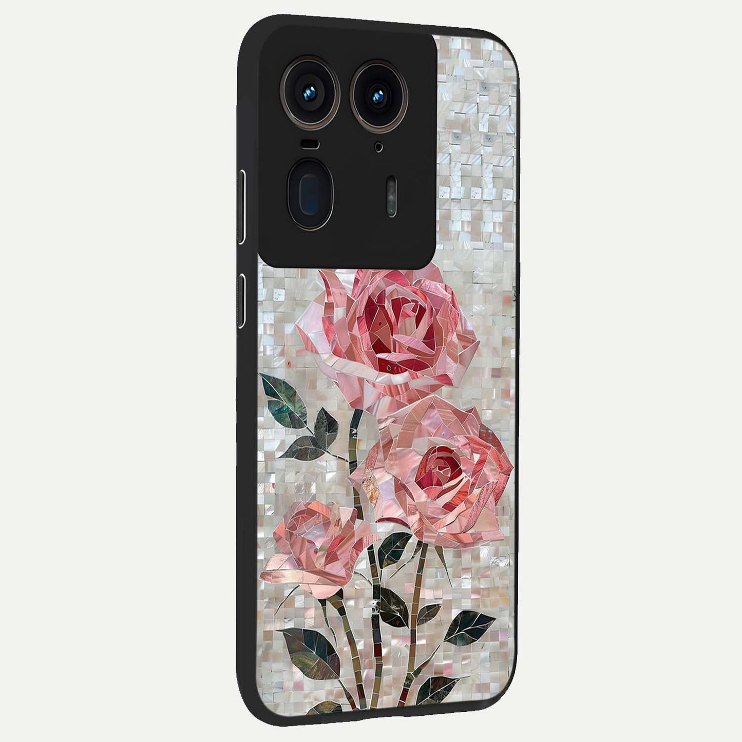Blush Mosaic Bloom Glass Case upright view showcasing decorative floral mosaic artwork with stylish modern aesthetic.