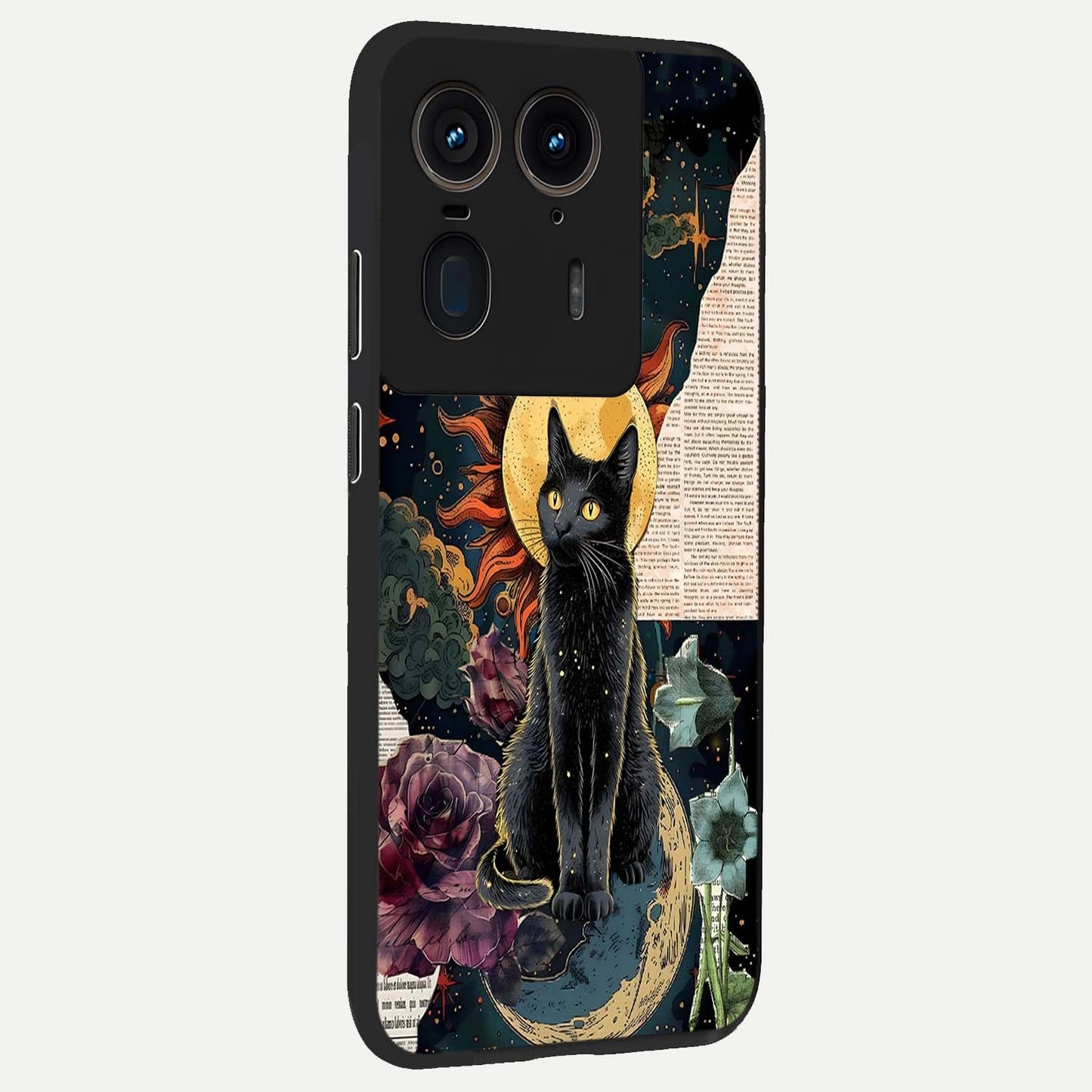 Celestial Black Cat Glass Case upright view showcasing magical black cat illustration with starry cosmic theme.