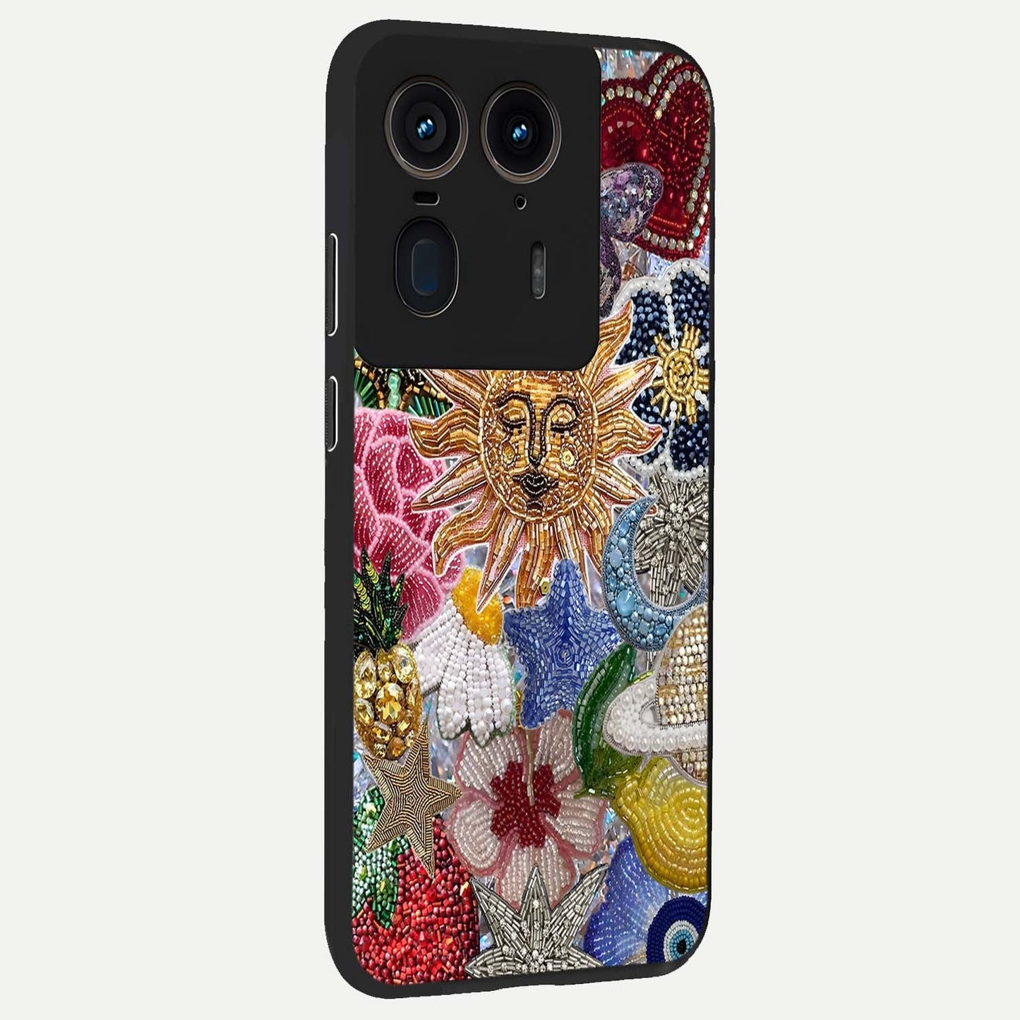 Celestial Floral and Playful Glass Case upright view showcasing whimsical floral artwork with cosmic aesthetic theme.