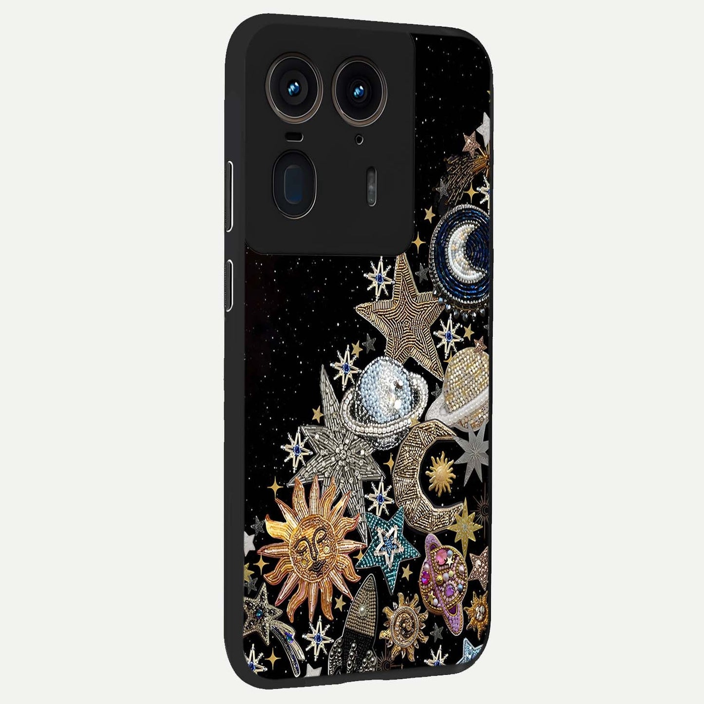 Cosmic Sparkle Dreams Glass Case upright view showcasing glowing cosmic artwork with magical galaxy theme.