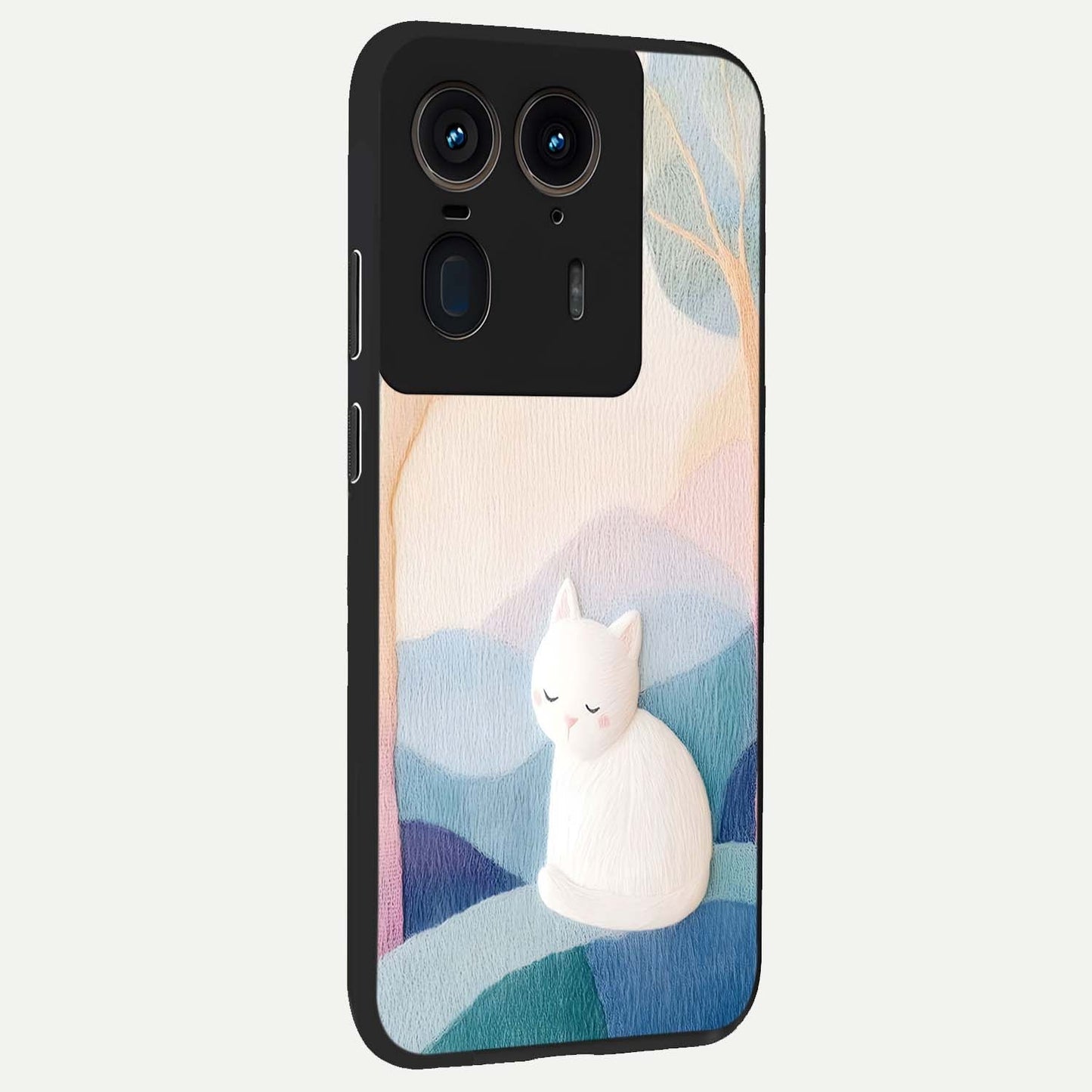 Cotton Dream Cat Glass Case upright view showcasing charming cat artwork with cozy dreamy theme.