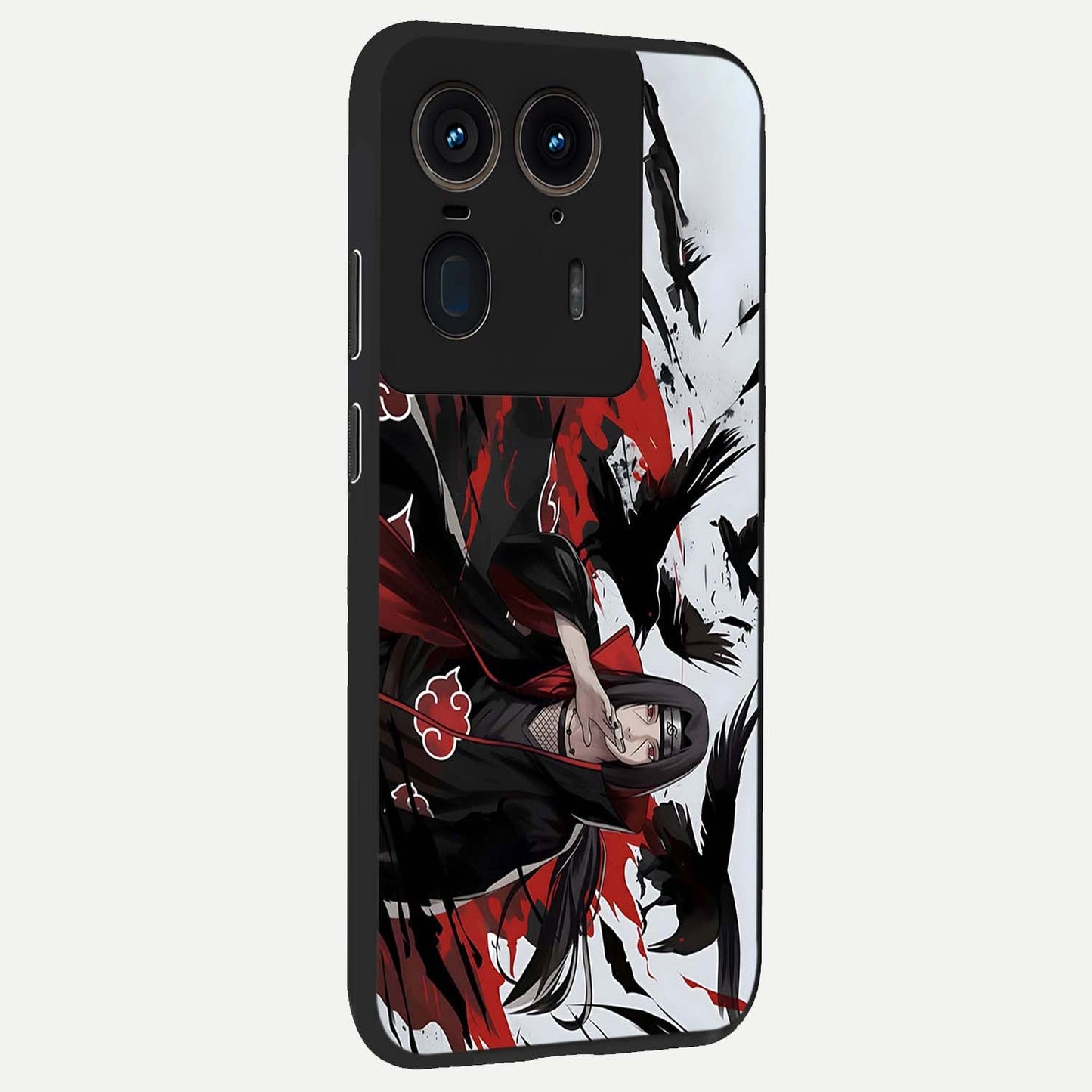 Crimson Crow Illusion Glass Case upright view showcasing striking crow illusion artwork with intense crimson theme.