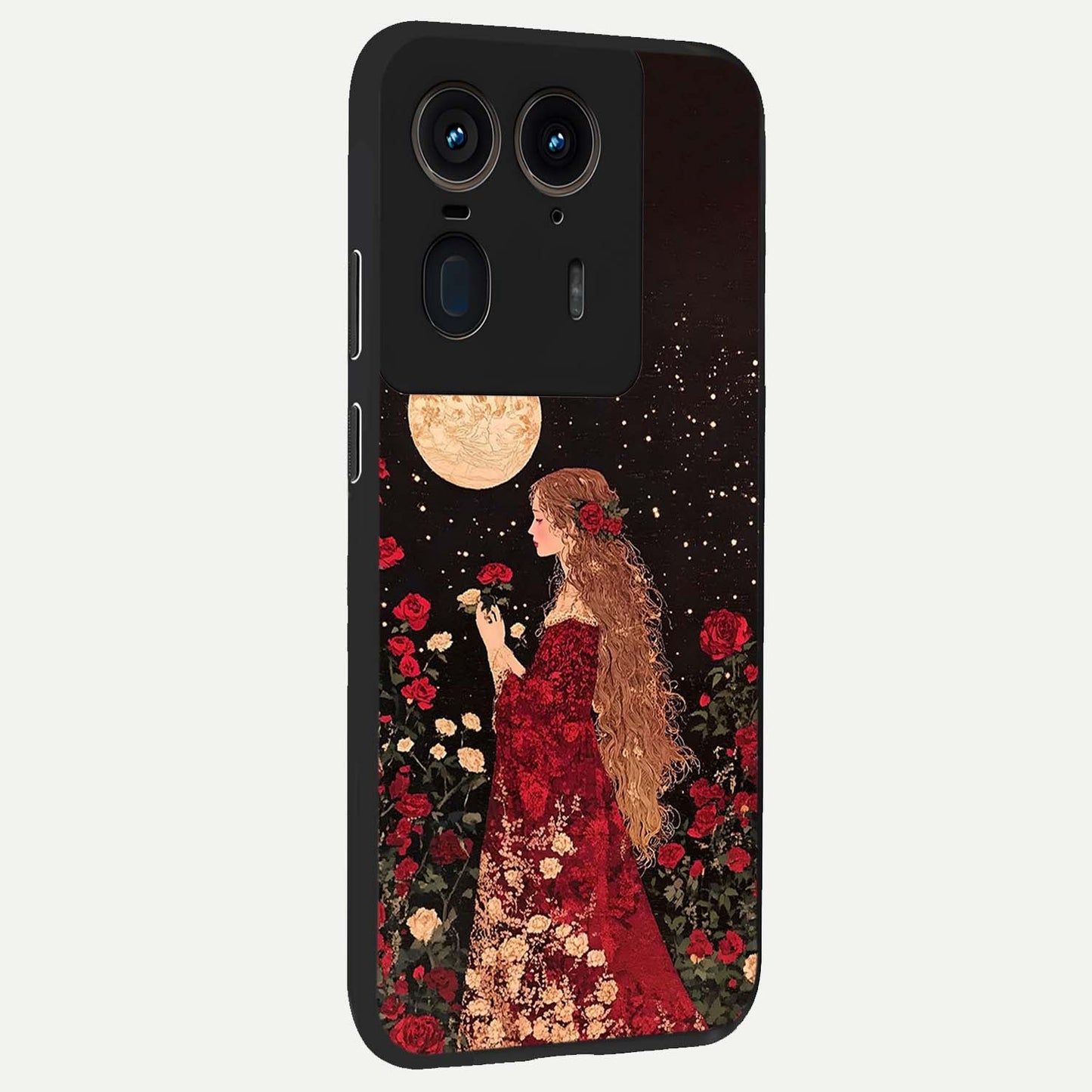 Crimson Dreams Glass Case upright view showcasing dreamy red toned artwork with modern aesthetic style.