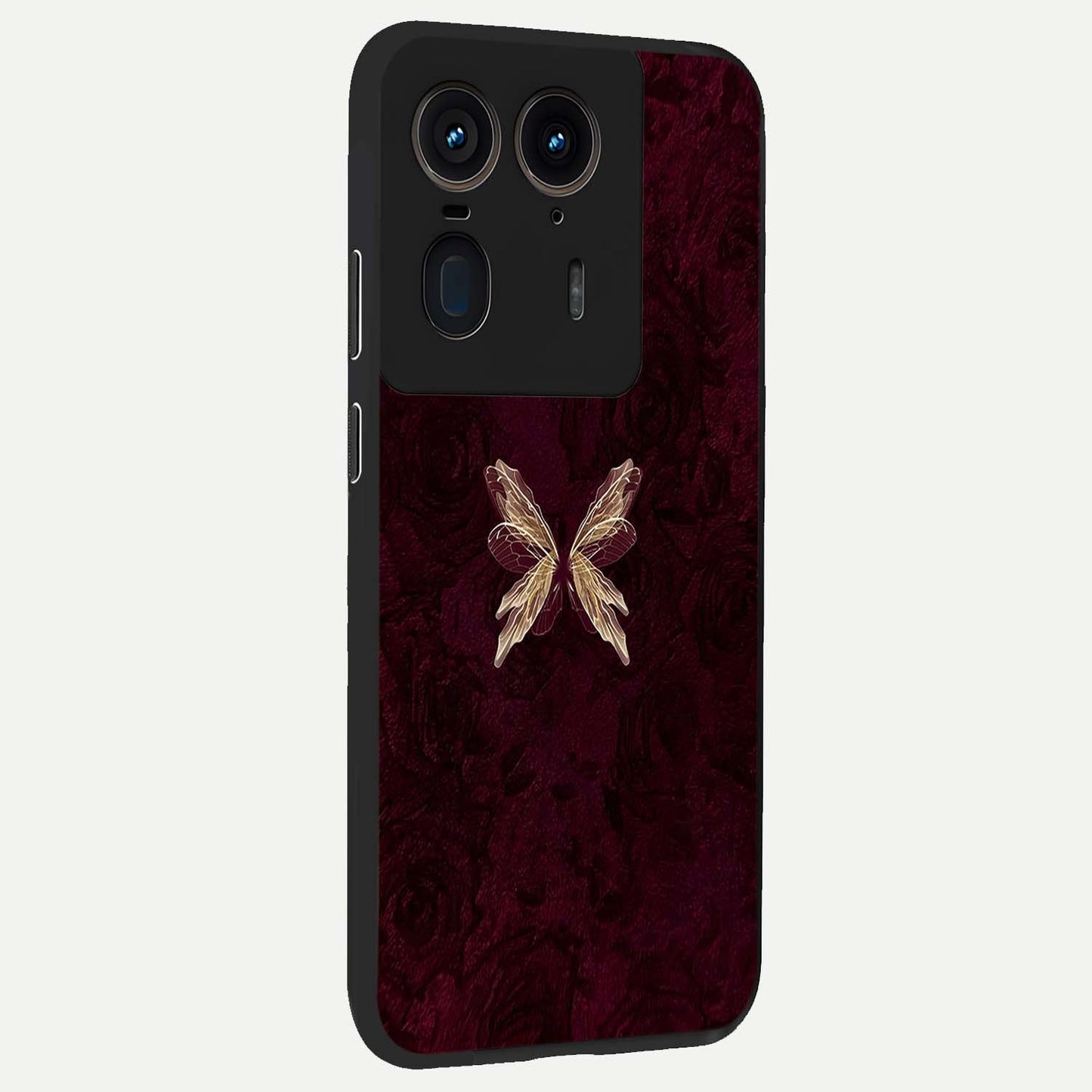 Crimson Fade Butterfly Glass Case upright view showcasing graceful butterfly artwork with soft crimson fade effect.