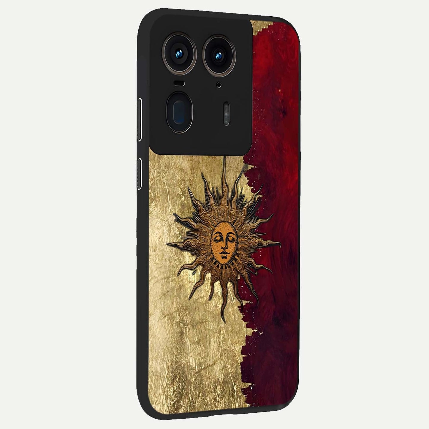 Crimson Sun Majesty Glass Case upright view showcasing vibrant sun artwork with powerful celestial theme.
