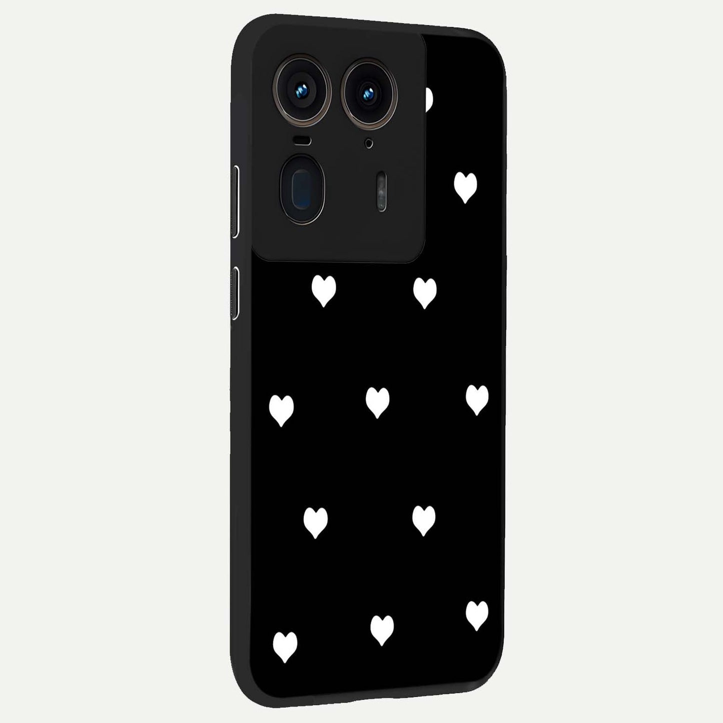 Cute And Simple White Hearts Glass Case upright view showcasing simple white hearts artwork with soft minimal theme.