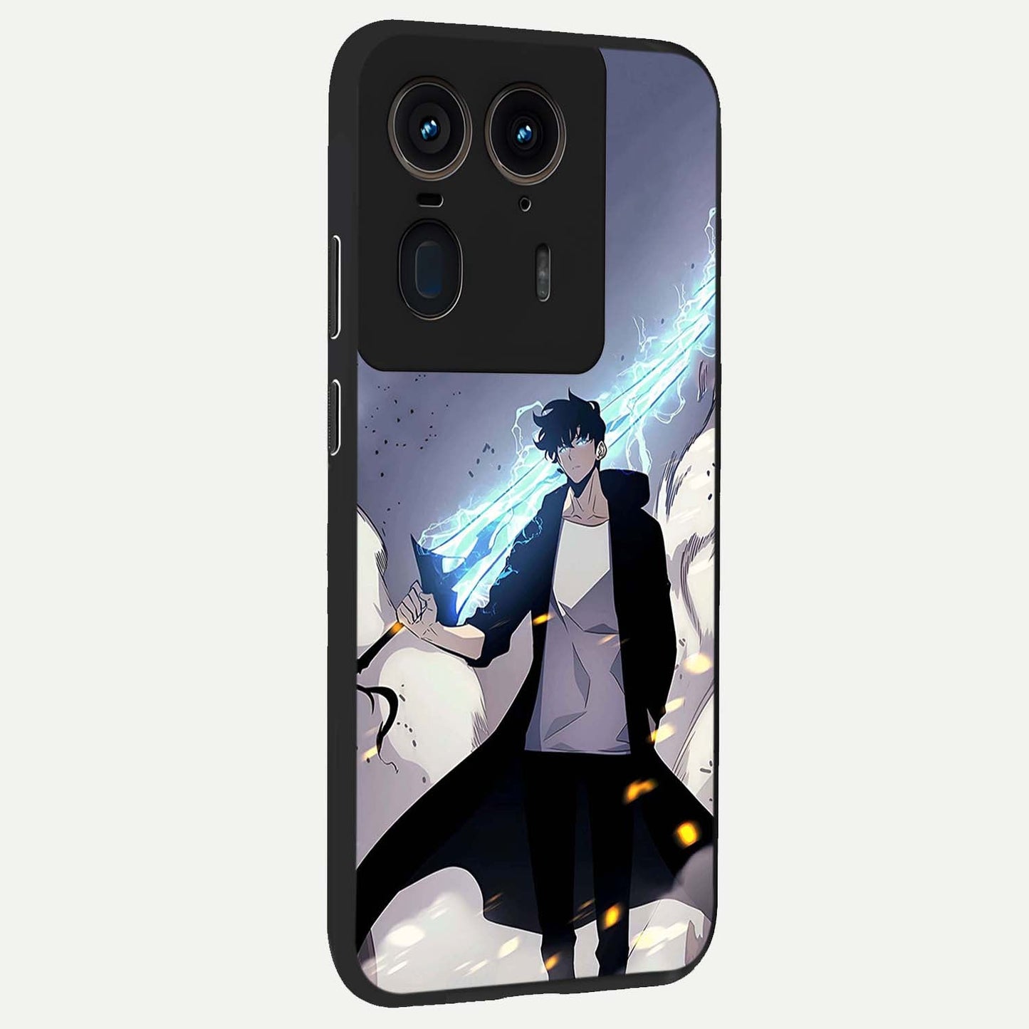 Dark Lightning Anime Warrior Glass Case upright view showcasing dramatic warrior artwork with dark lightning aesthetic.