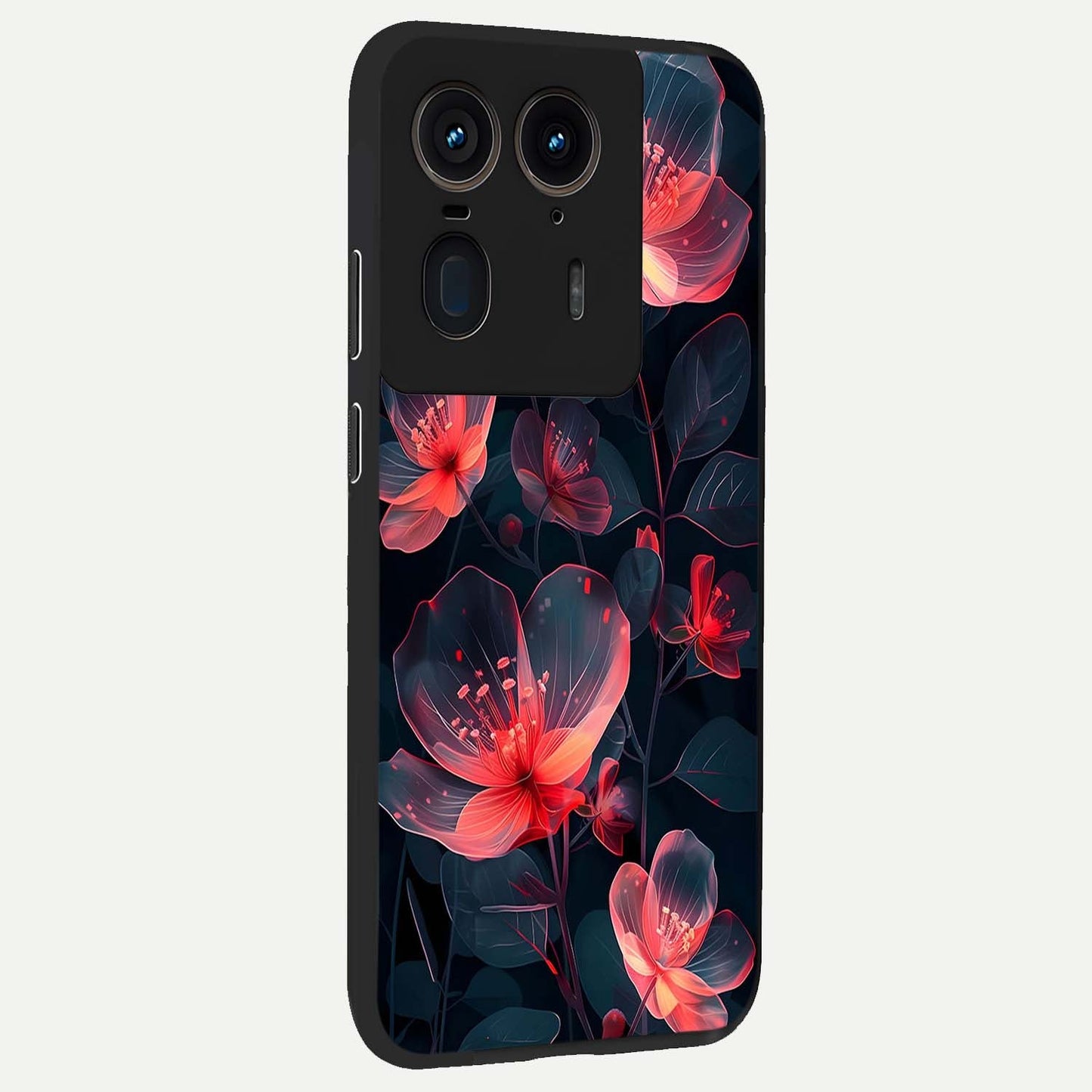 Dark Shade of Flower Glass Case upright view showcasing delicate flower artwork with rich dark floral theme.