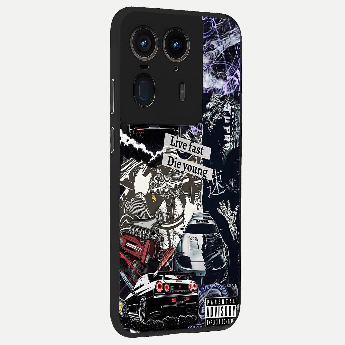 Die Young Glass Case upright view showcasing striking typography artwork with modern statement theme.