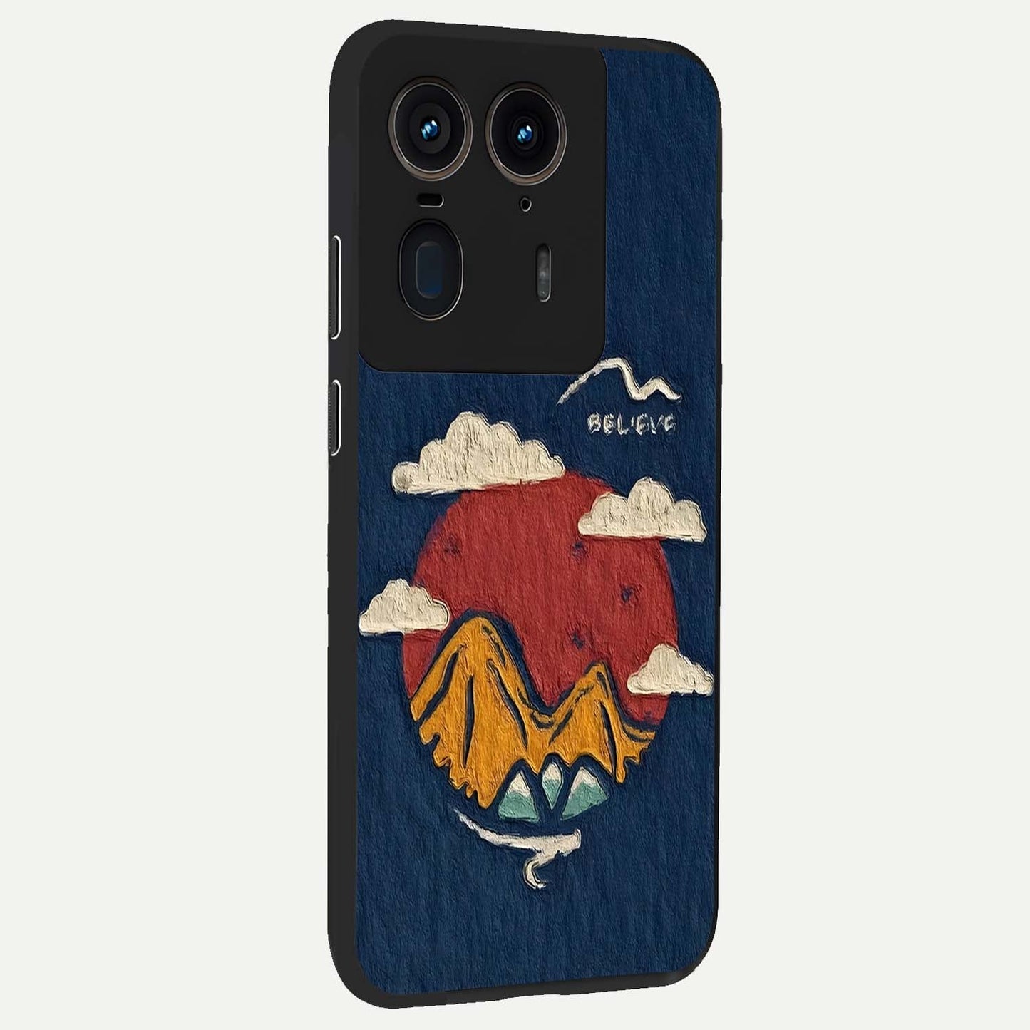 Dream Beyond Mountains Glass Case upright view showcasing beautiful mountain scenery with inspirational nature theme.