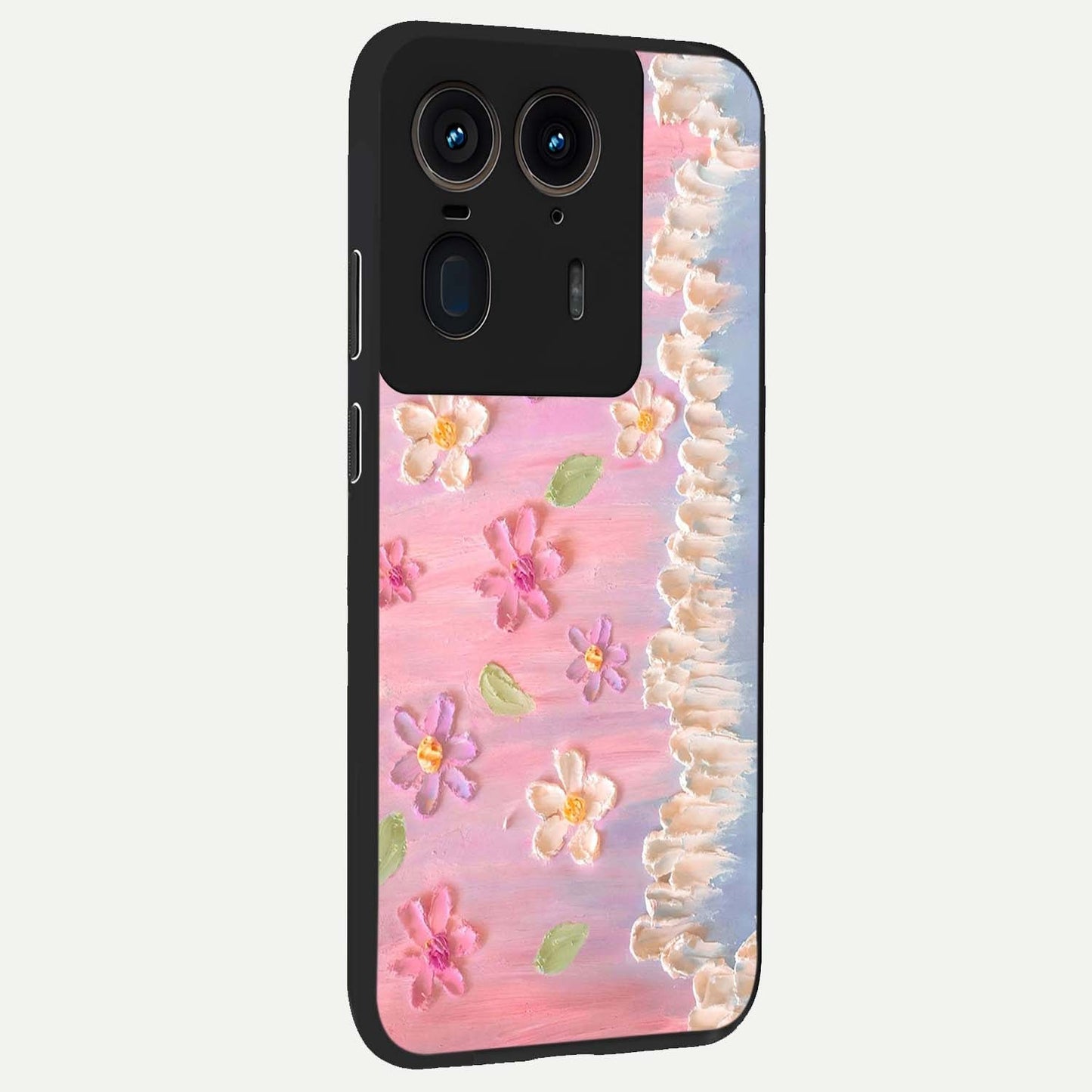 Dreamy Painted Garden Glass Case upright view showcasing vibrant floral garden artwork with artistic nature theme.