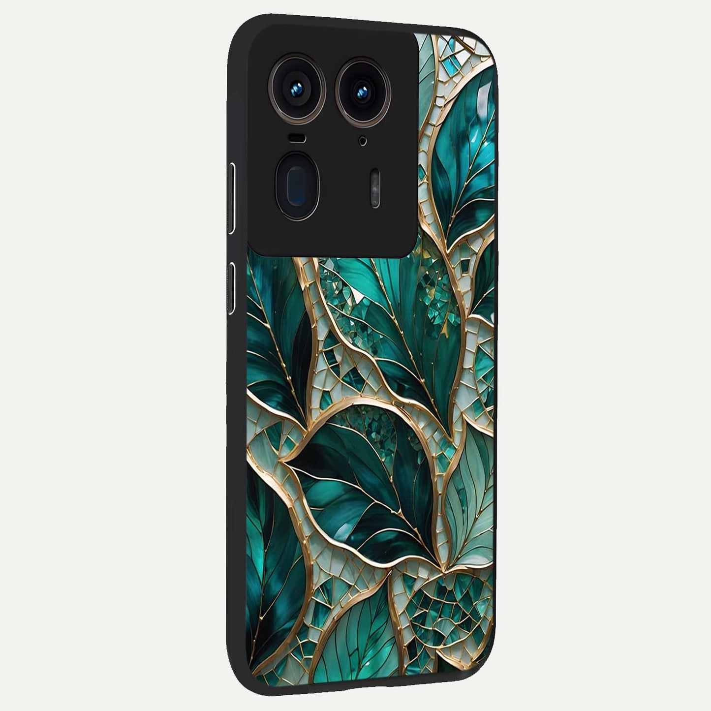 Emerald Leaf Glass Glass Case upright view showcasing fresh green leaf artwork with calming nature inspired style.