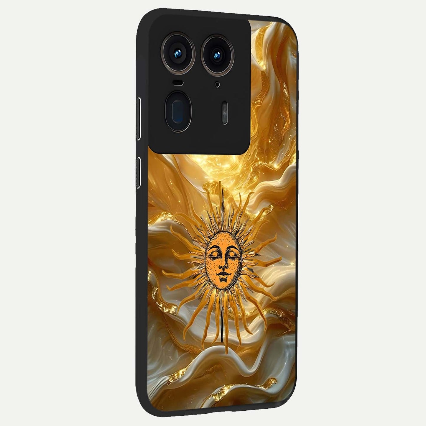 Eternal Golden Glow Glass Case upright view showcasing luminous golden artwork with luxurious visual theme.