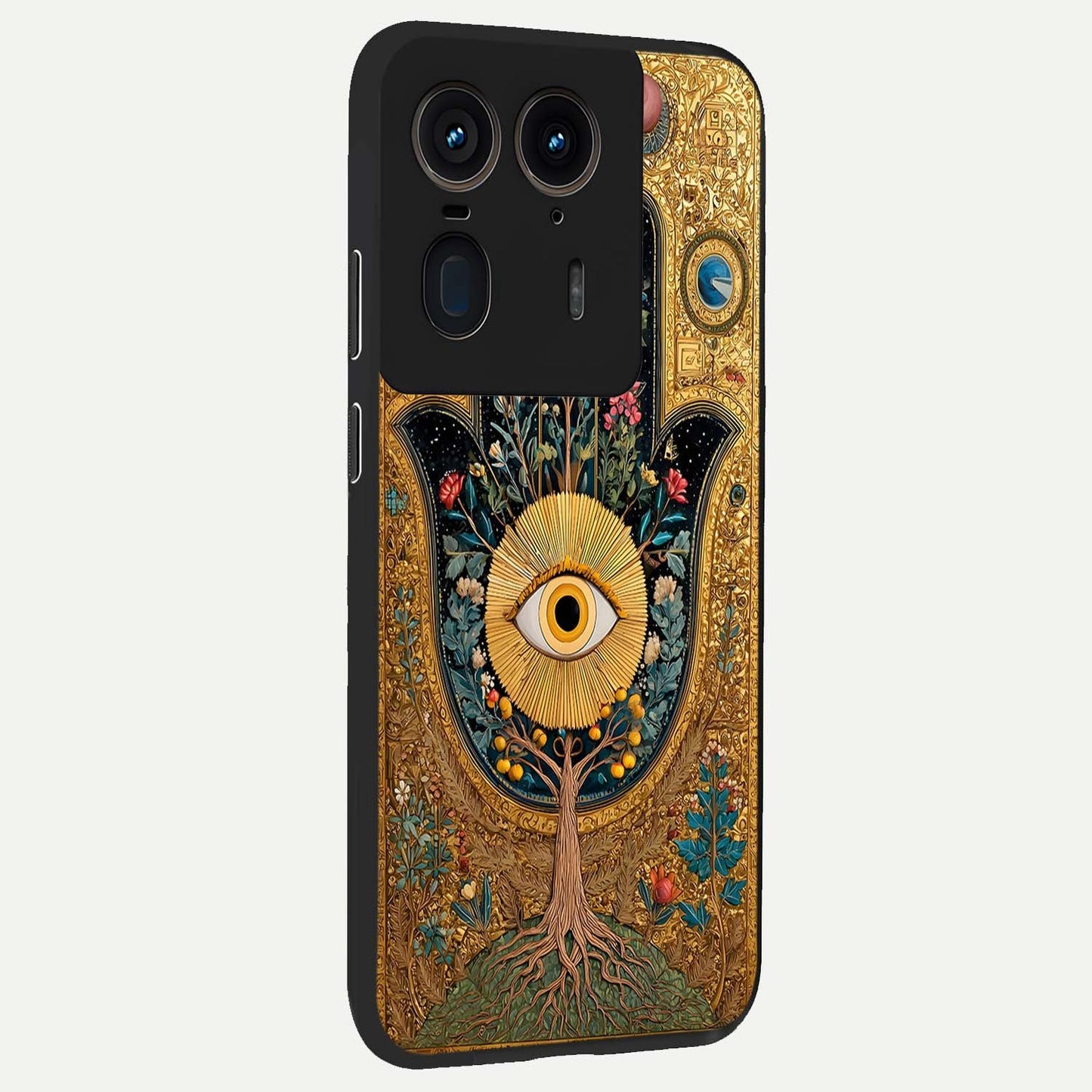 Ethereal Evil Eye Glass Case upright view showcasing celestial evil eye artwork with mystical theme.