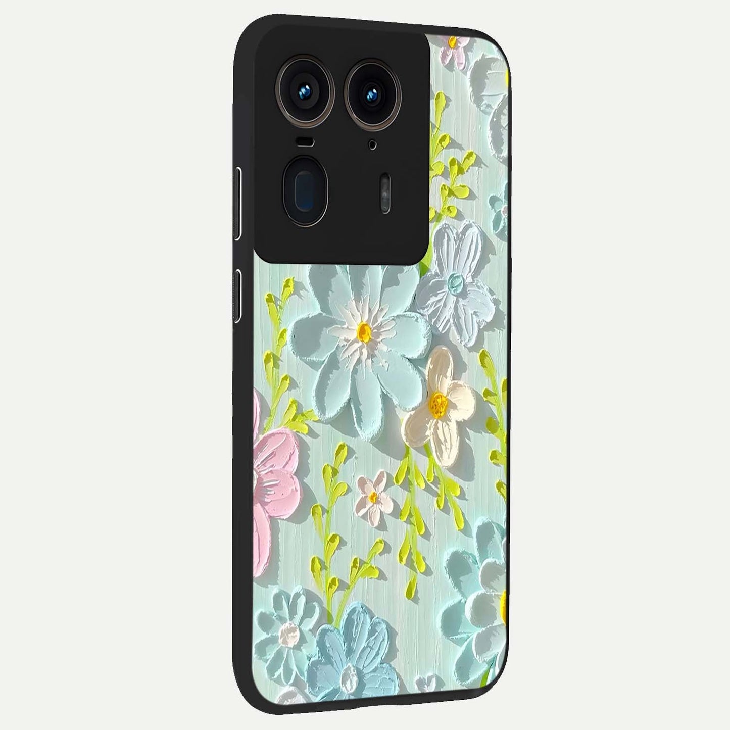 Frosted Petal Garden Glass Case upright view showcasing elegant floral garden artwork with soothing pastel theme.