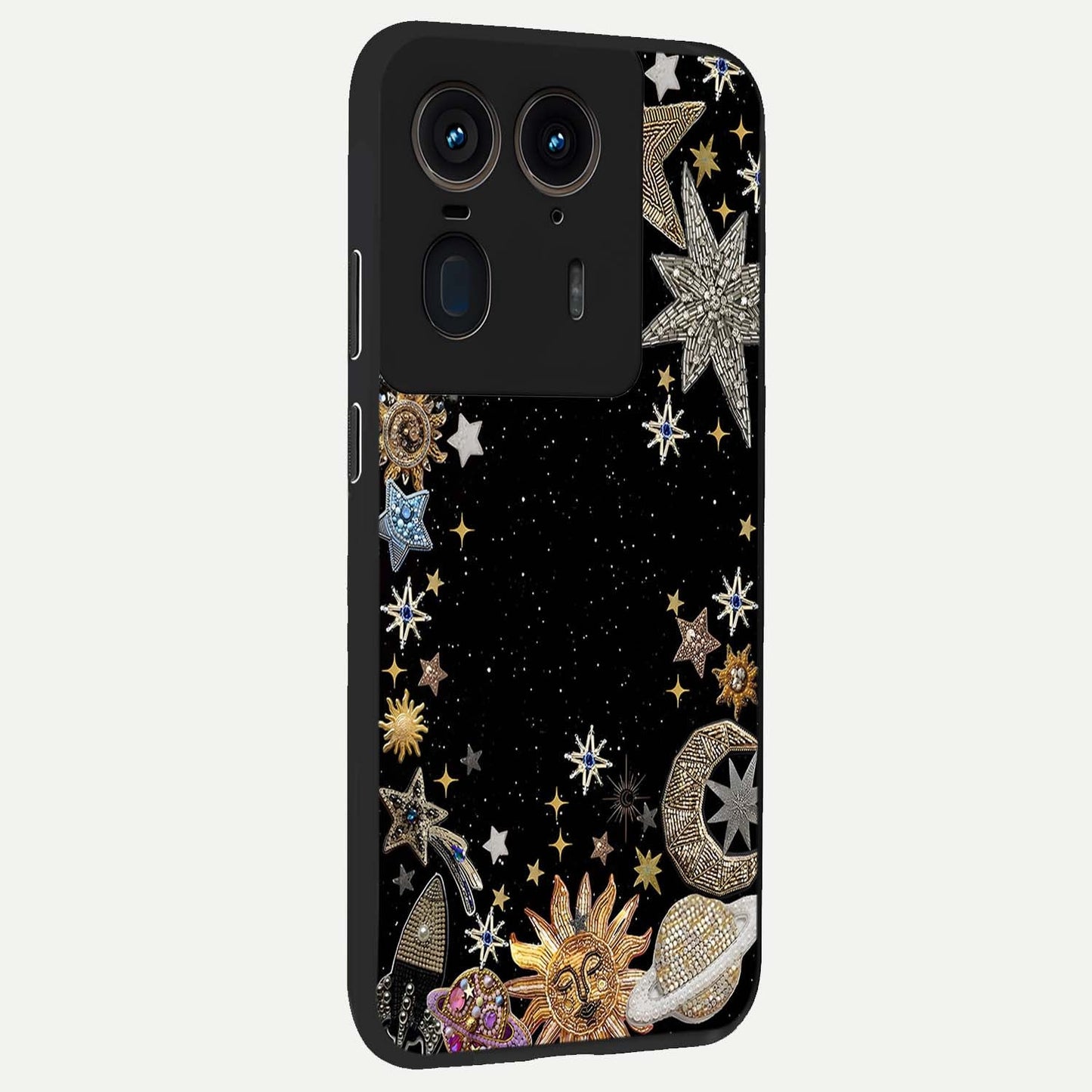 Galactic Jewel Stars Glass Case upright view showcasing glittering star jewel artwork with vibrant galaxy theme.