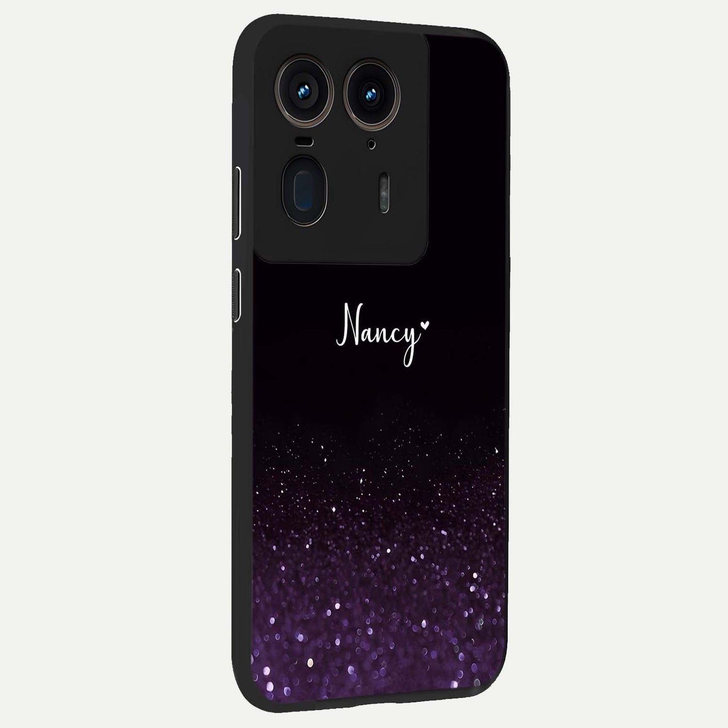 Glittery Purple Bokeh Custom Name Glass Case upright view showcasing vibrant purple sparkle artwork with personalized aesthetic style.
