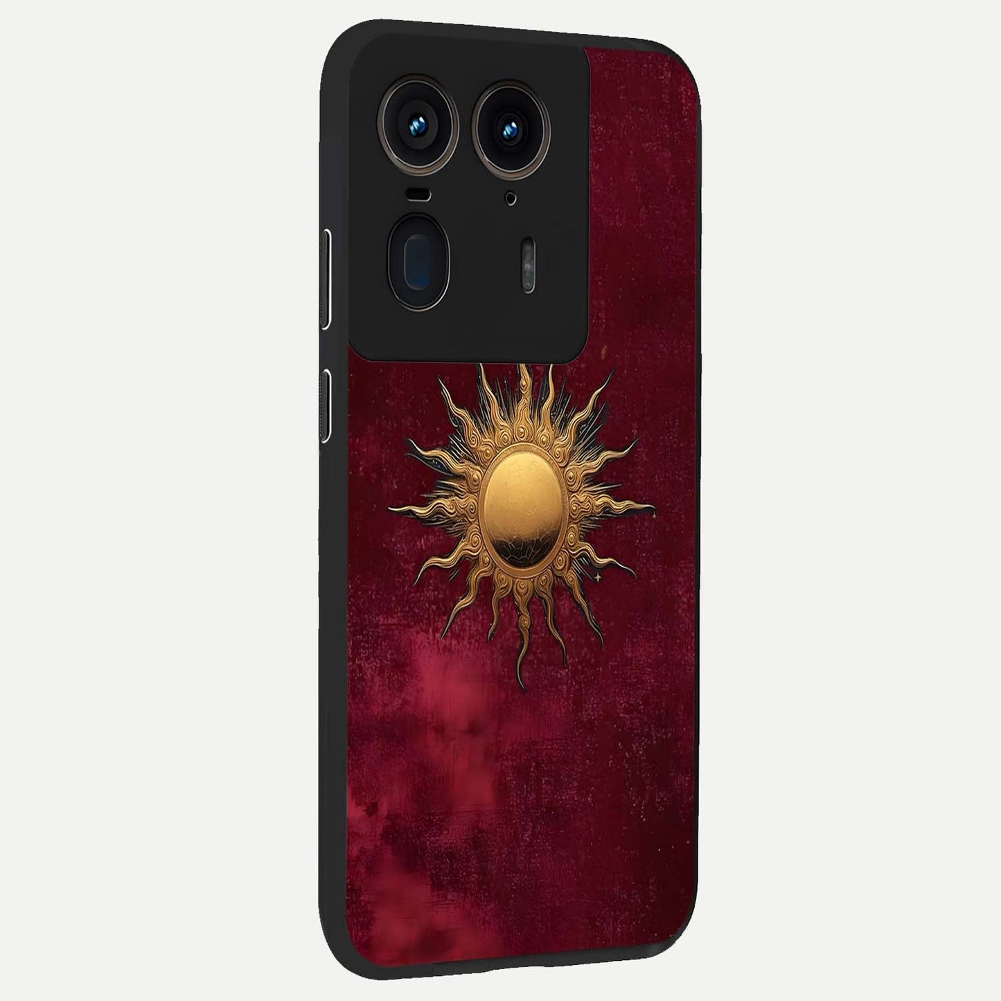 Golden Sun Minimalism Glass Case upright view showcasing simple golden sun artwork with elegant minimalist style.