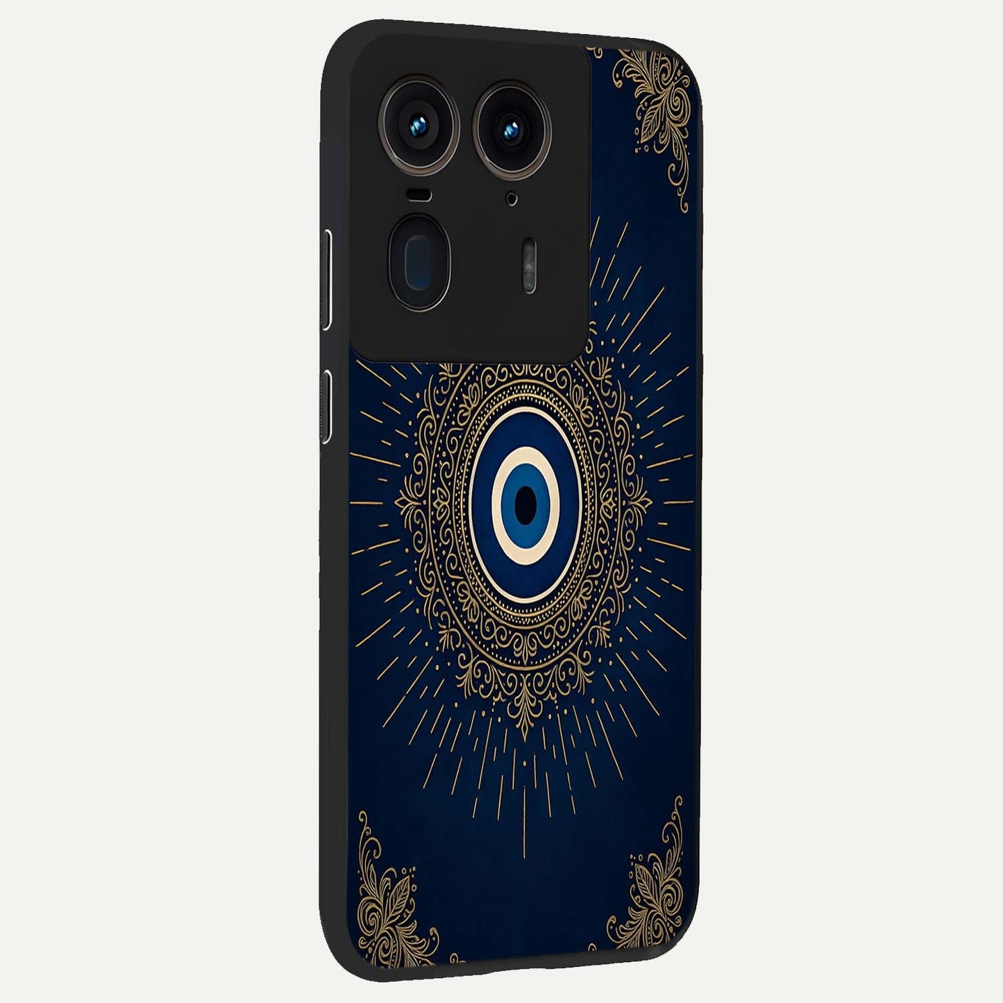 Golden Celestial Charm Glass Case upright view showcasing radiant celestial artwork with elegant golden theme.