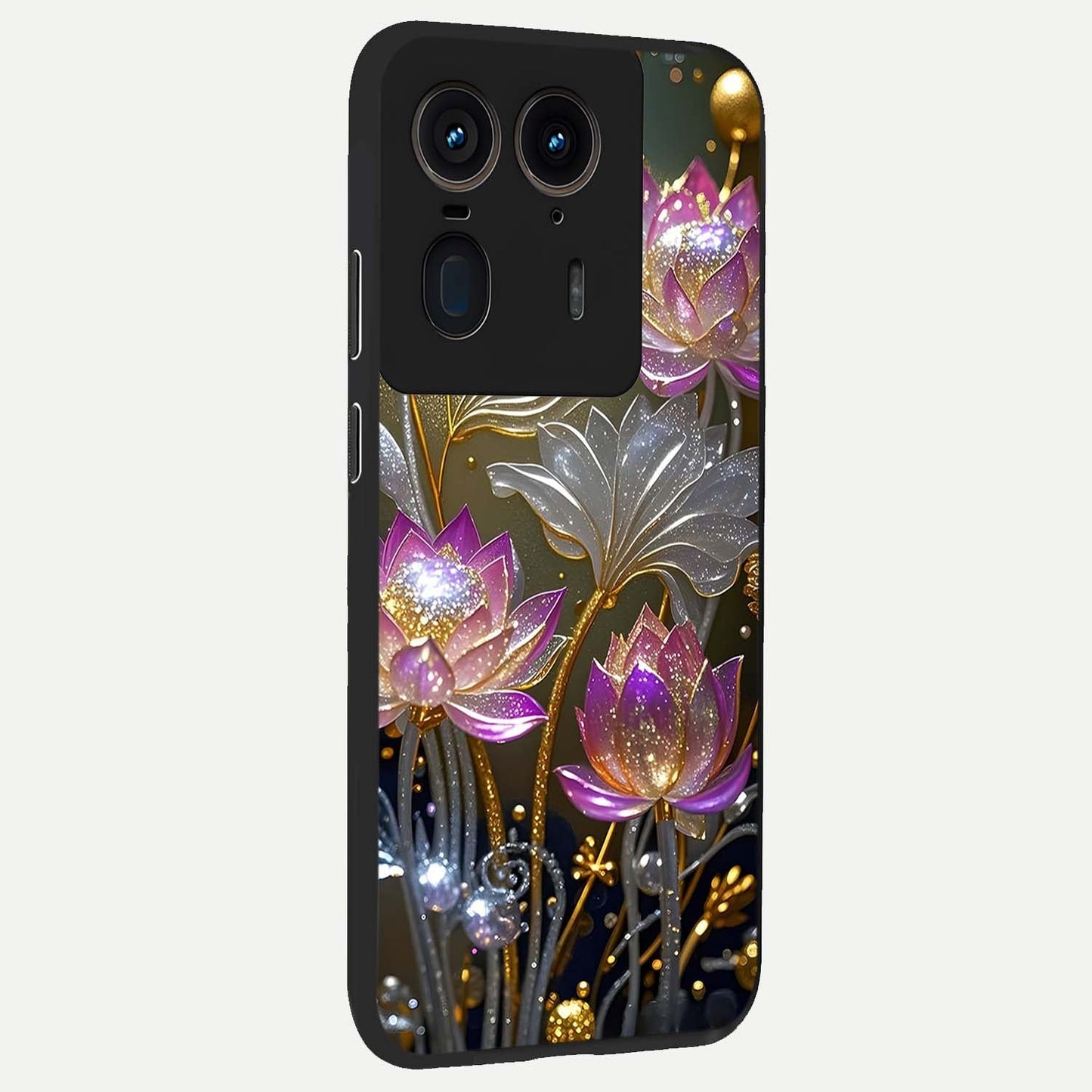 Golden Floral Majesty Glass Case upright view showcasing majestic floral artwork with rich decorative theme.
