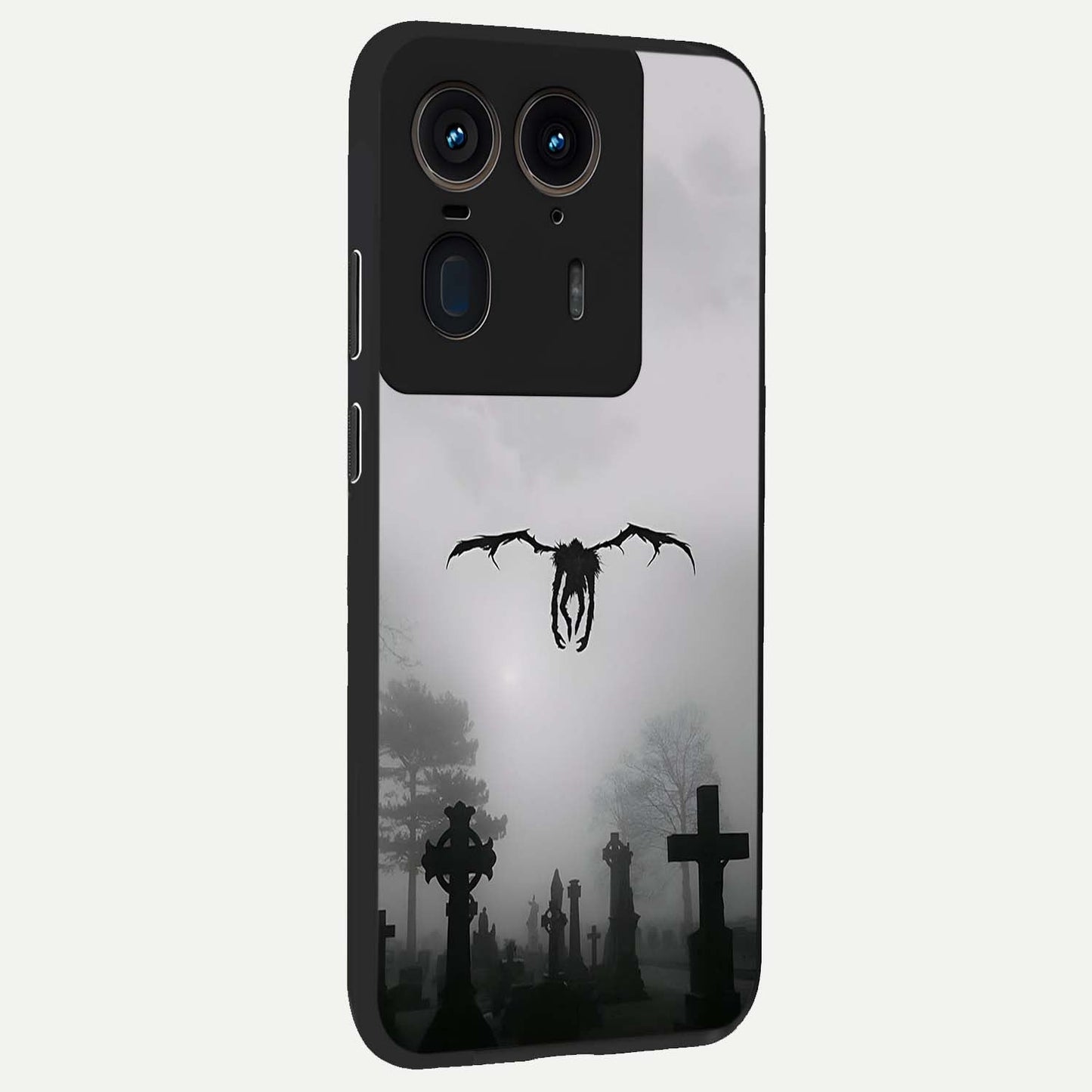 Graveyard Shadow Descent Glass Case upright view showcasing haunting graveyard artwork with dramatic dark theme.