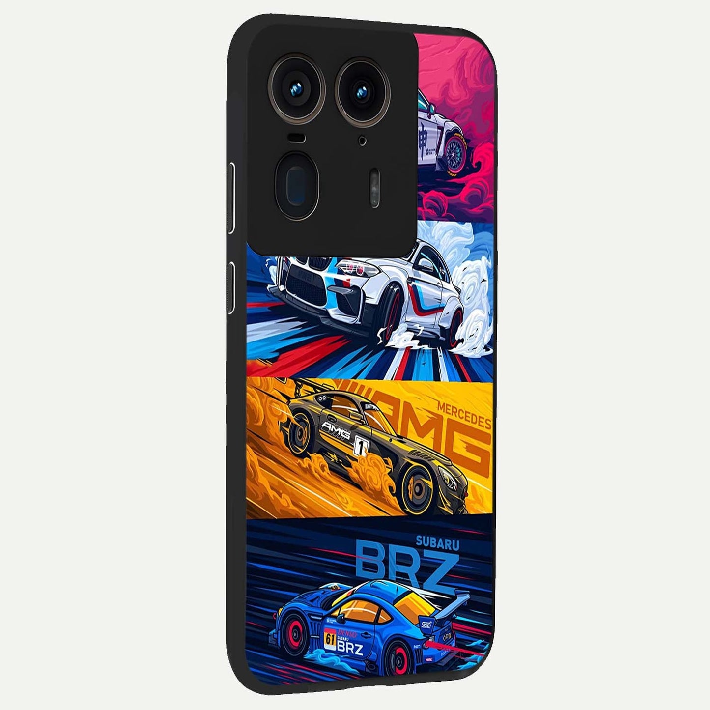 JDM Sports Car Glass Case upright view showcasing dynamic sports car artwork with bold racing theme.